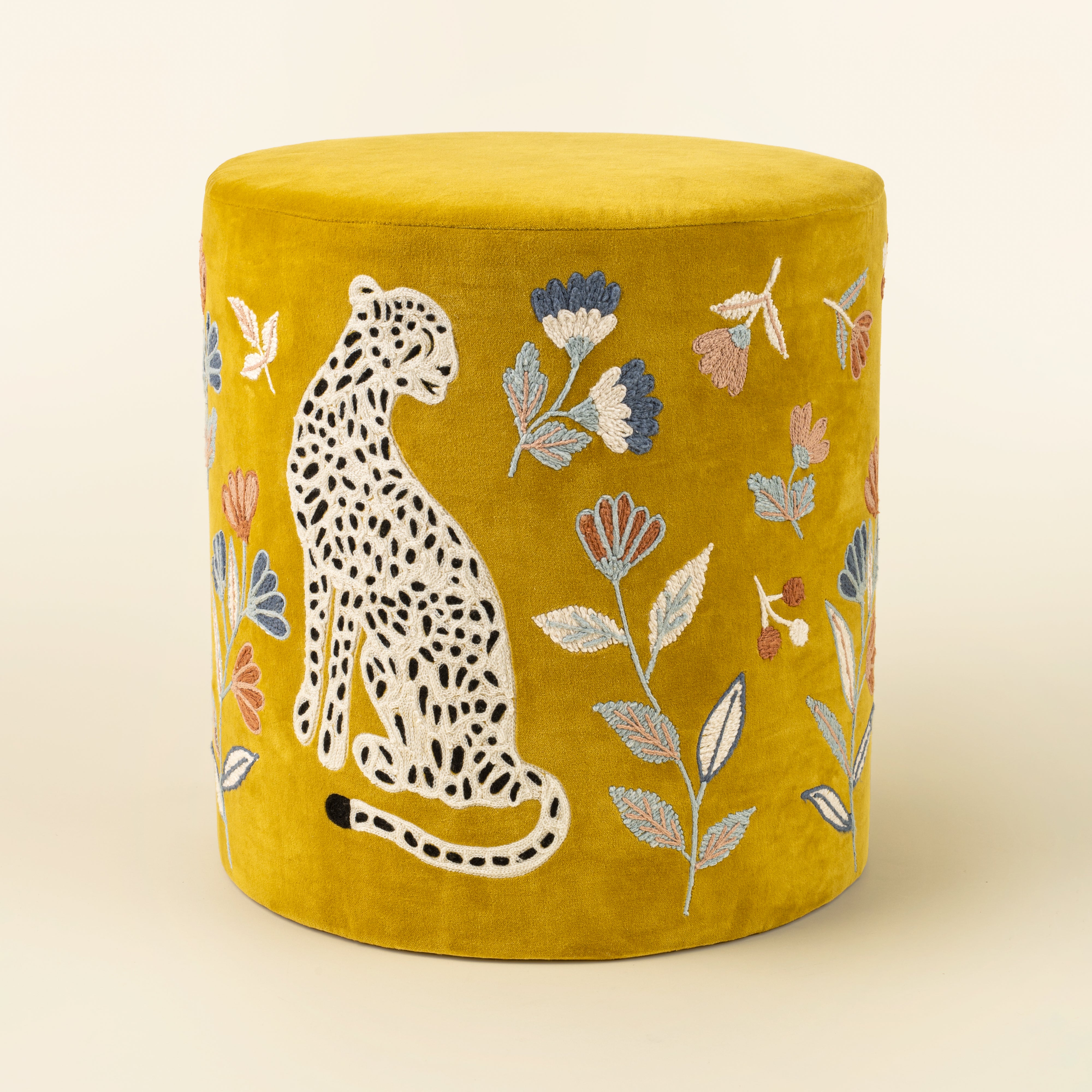 Tabouret rembourré en velours jaune & léopard | bois de manguier | coton