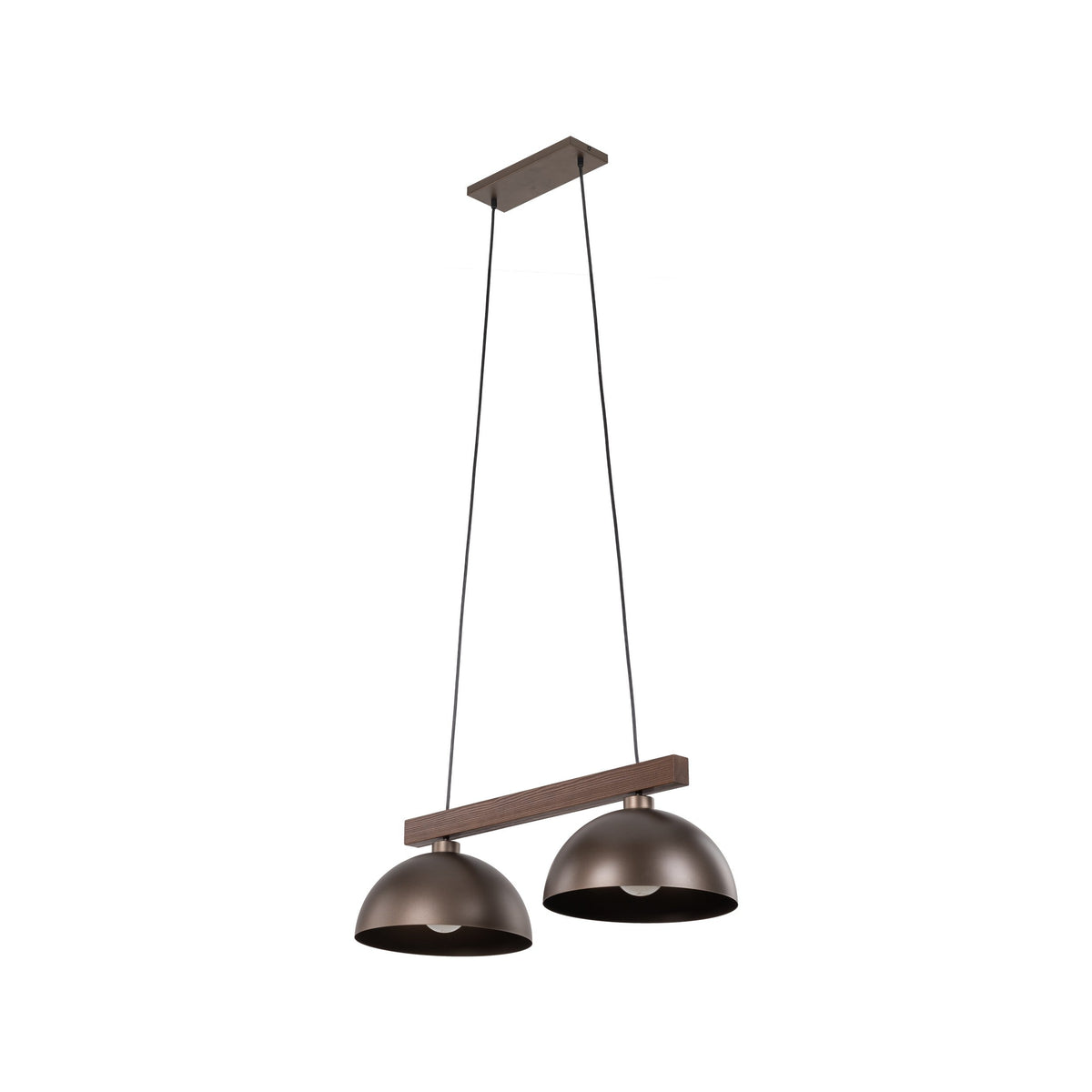 Suspension 2 lumières : barre bois foncé et deux abat-jours métalliques bruns