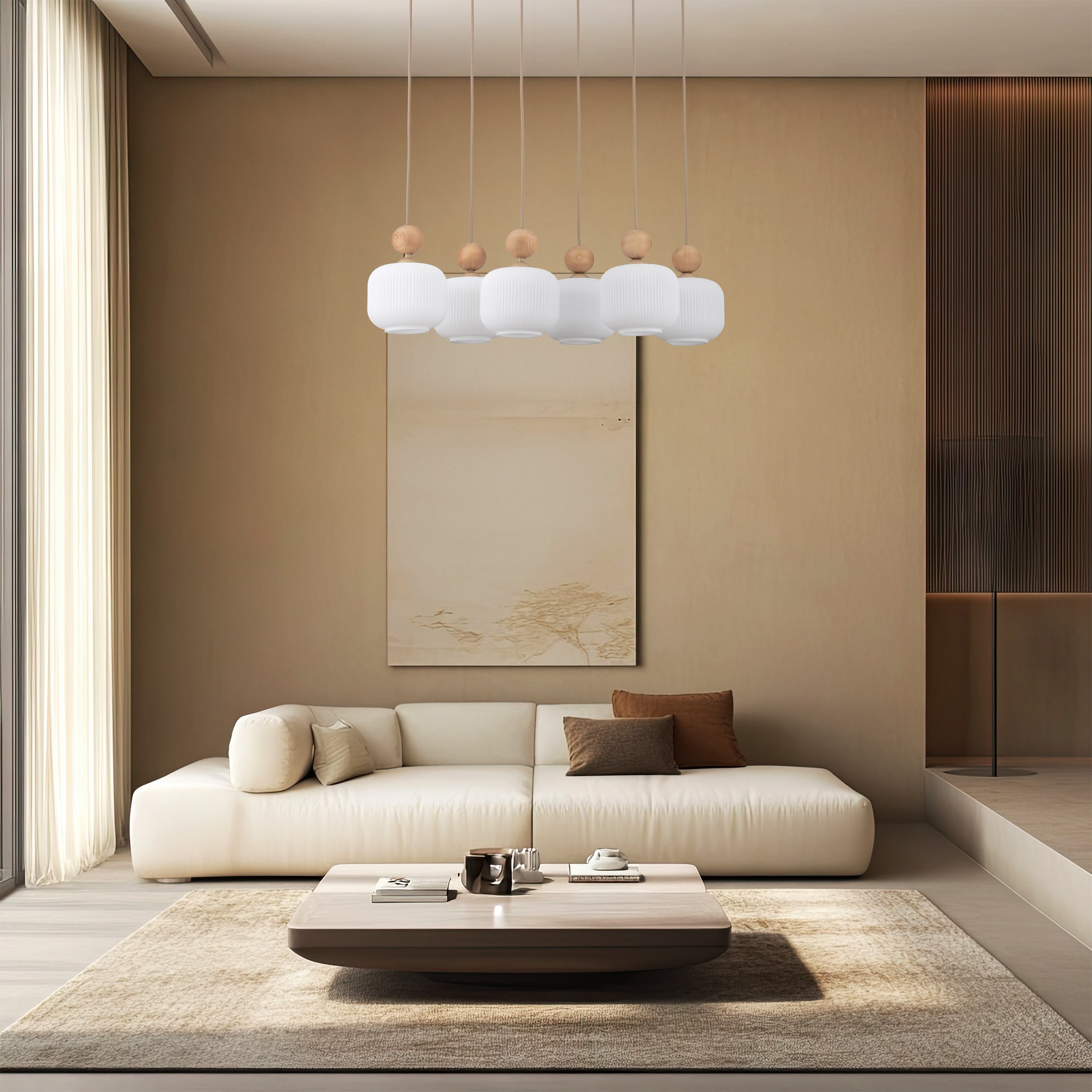 Lampe à Suspension Scandinave Ballo 6 | Verre Soufflé et Bois Naturel