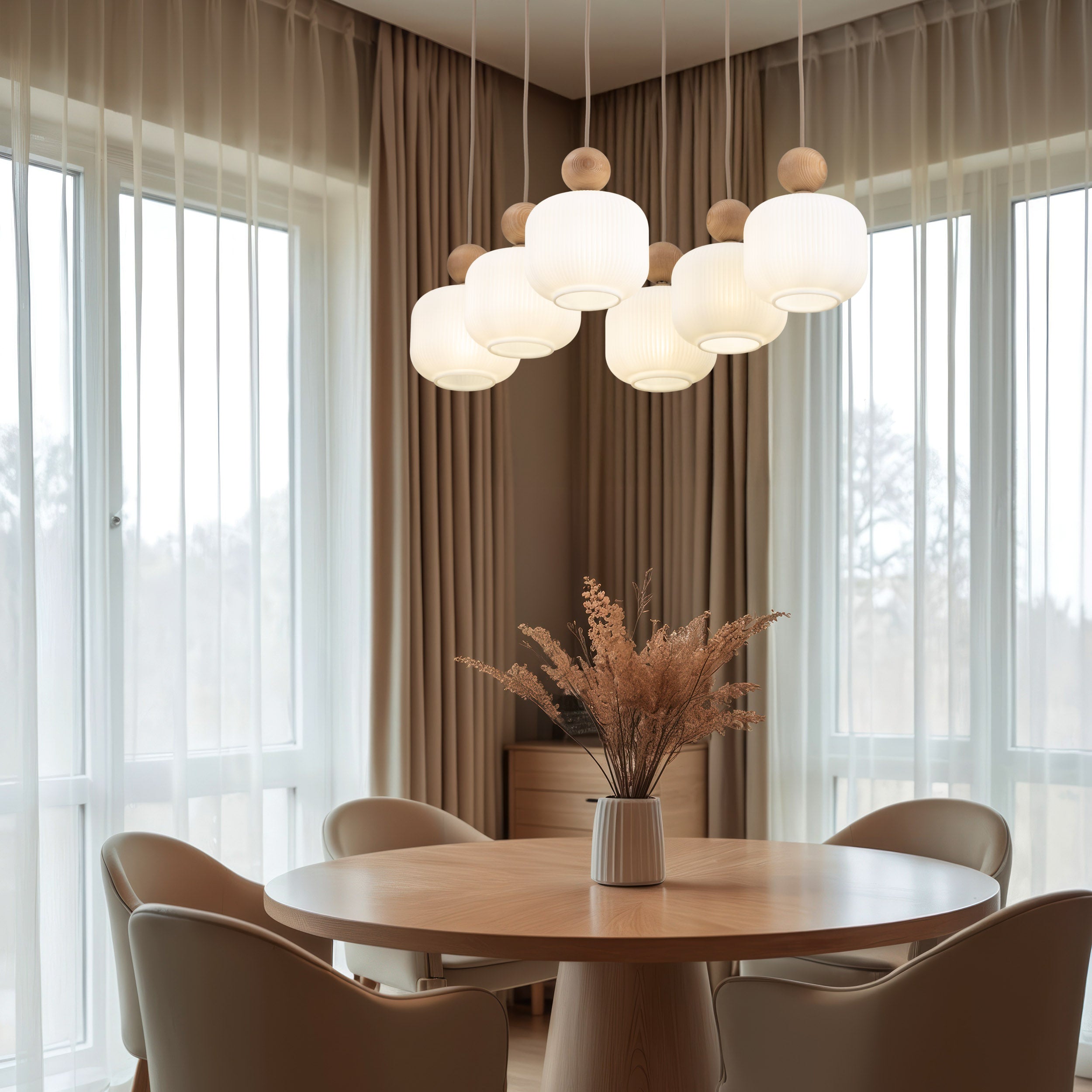 Lampe à Suspension Scandinave Ballo 6 | Verre Soufflé et Bois Naturel