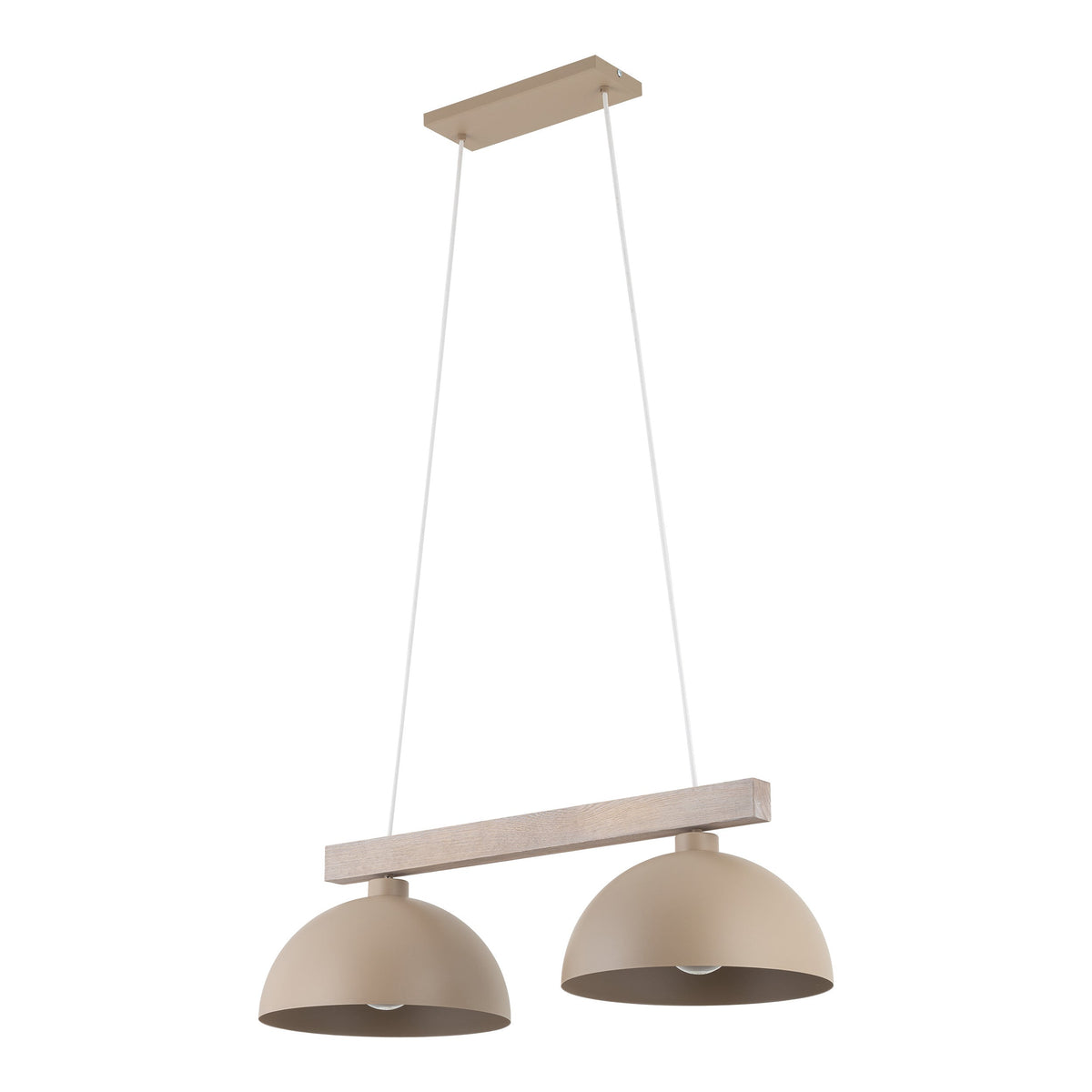 Suspension 2 lumières : barre bois claire et deux abat-jours métalliques beige