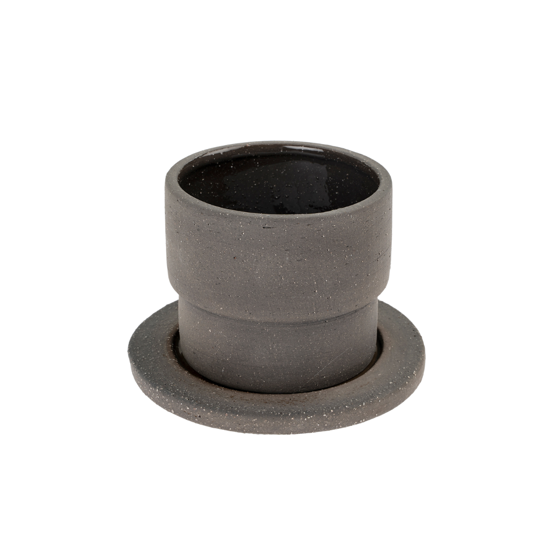 Pot / Soucoupe en Argile Noire Brute | Petit Format | Façonné à la Main