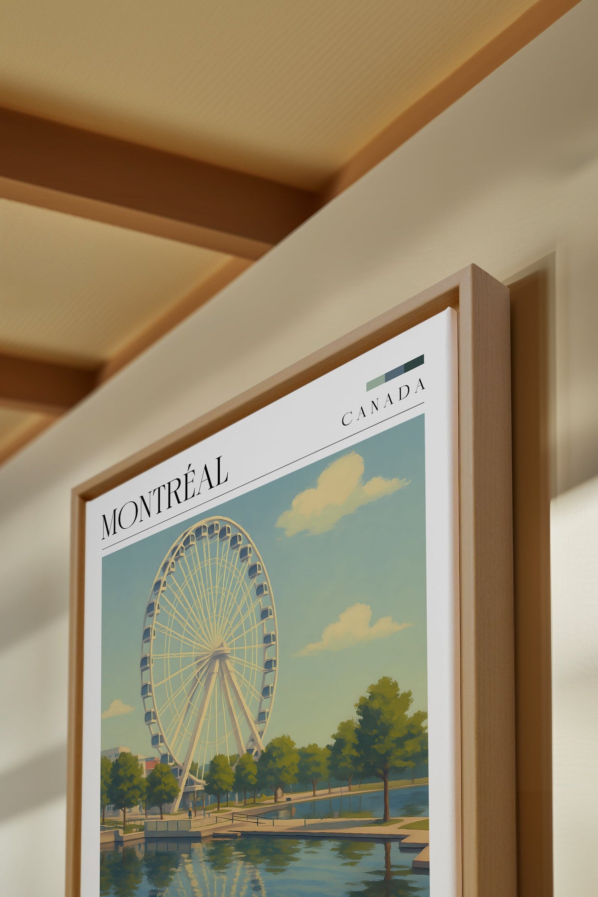 Toile étirée encadrée noire, œuvre Montréal avec grande roue et lac