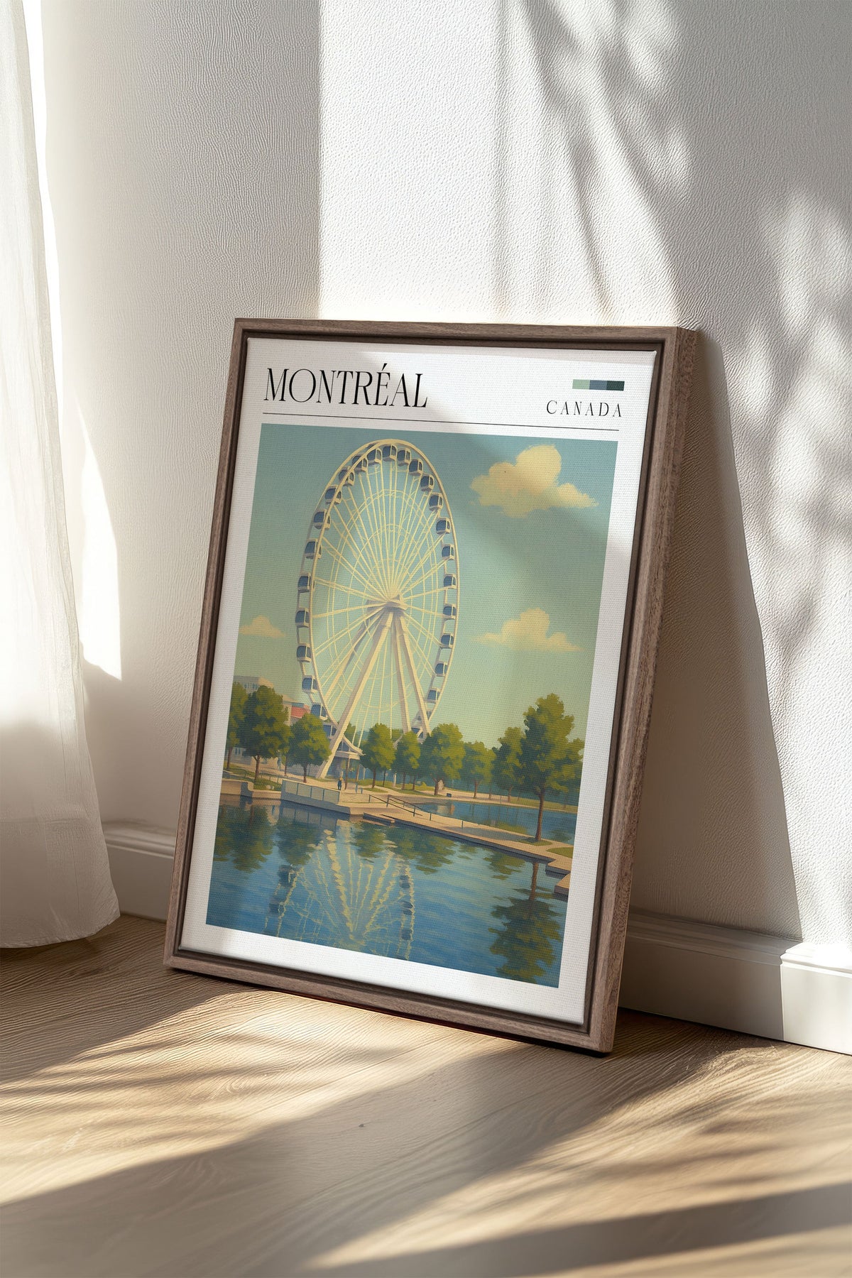 Toile étirée encadrée brune, œuvre Montréal avec grande roue et ciel nuageux