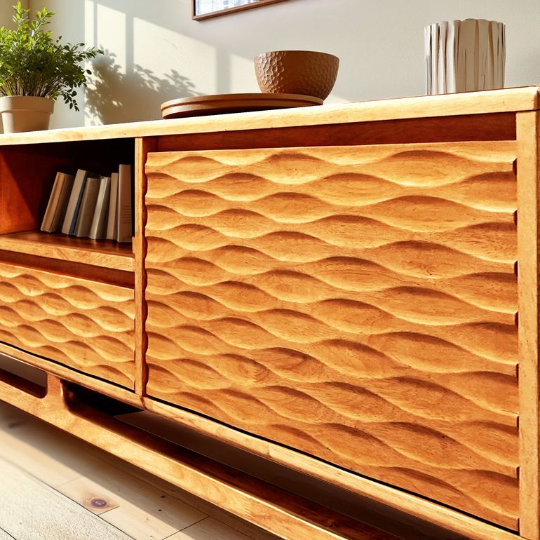 Meuble TV en bois ambré, gros plan sur la façade à motifs ondulés en relief.