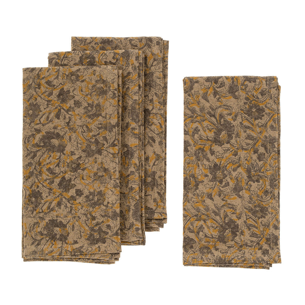 Lot de 4 Serviettes de Table Lakshmi à Imprimé au Tampon Fait Main | Lin et Coton