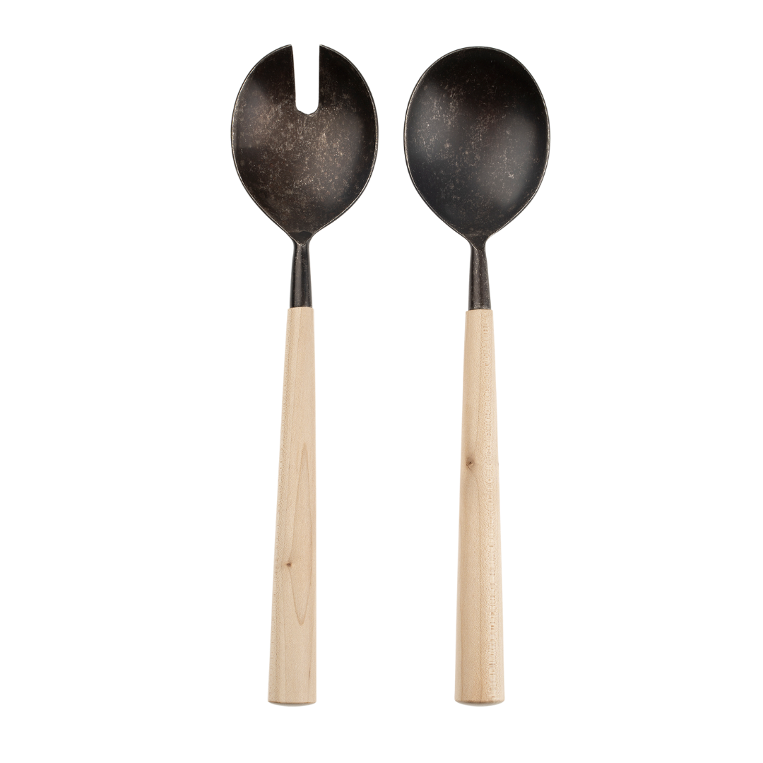 Couverts à salade en érable et acier noir | Ensemble de 2 | Forgés à la main