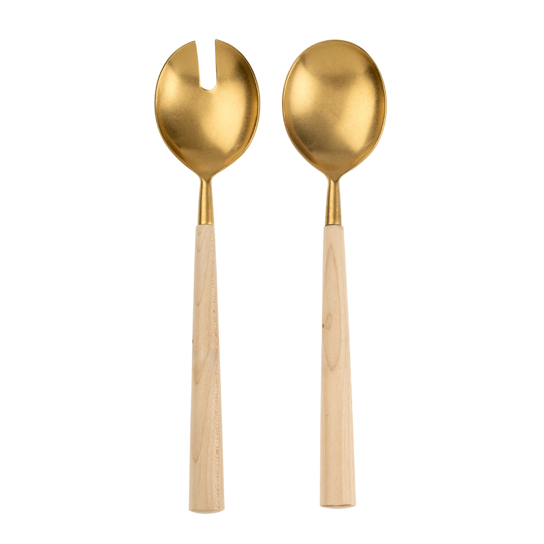 Couverts à salade forgés à la main | Érable et acier doré | Ensemble de 2