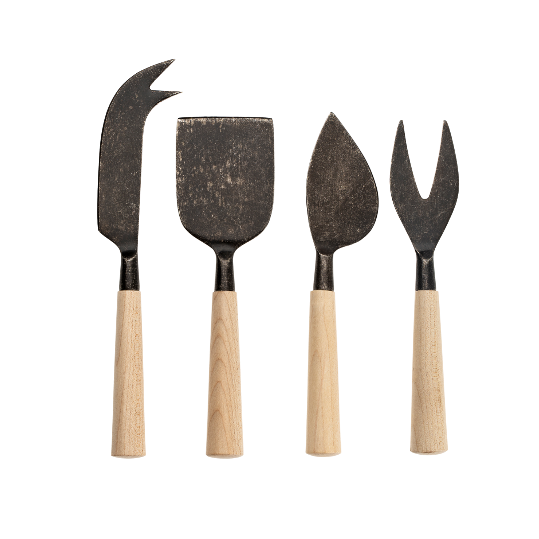 Couteaux à fromage en érable et acier noir | Ensemble de 4 | Forgés à la main