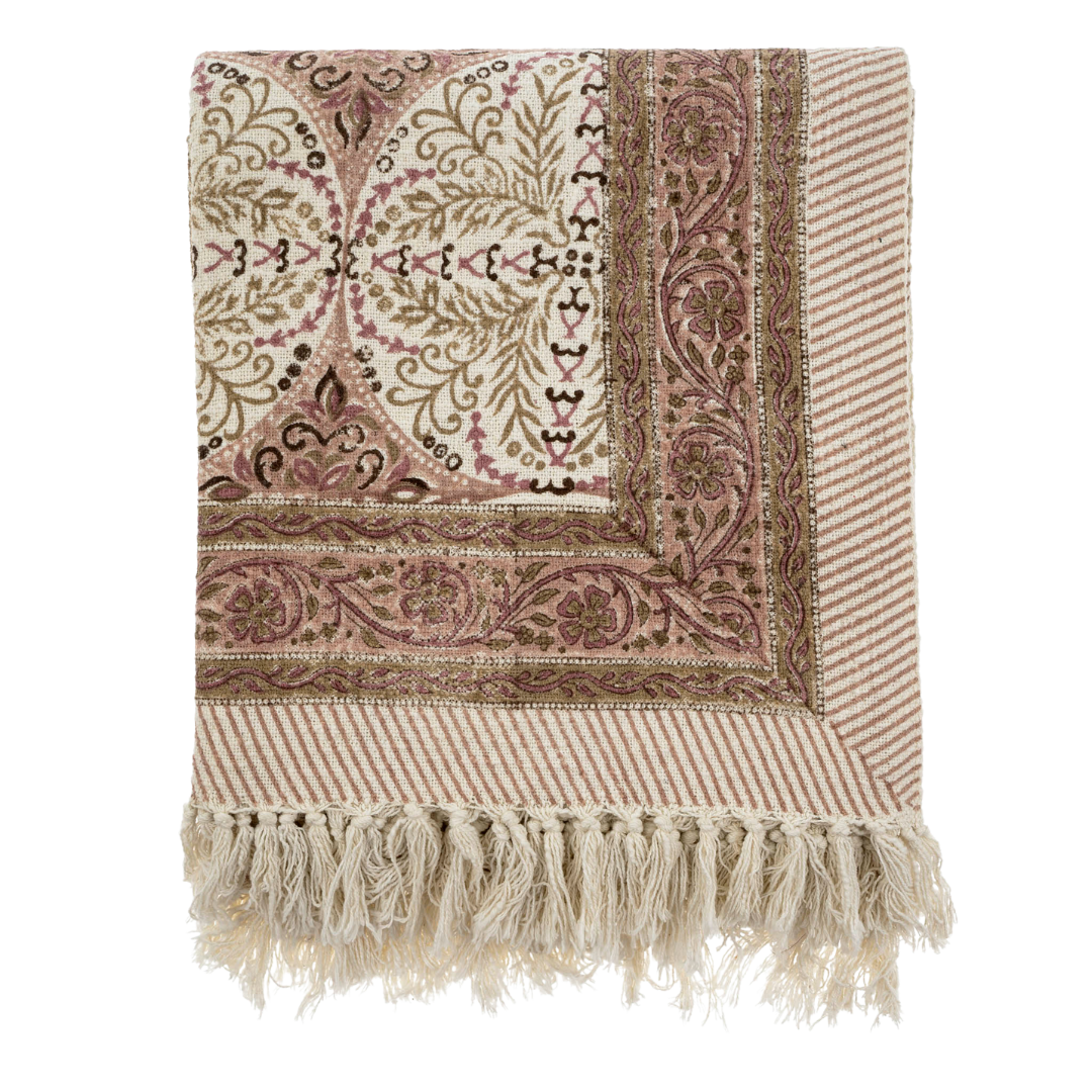 Nappe en Coton à Impressions Manuelles Sayulita Rose | Grand Format | Finition Frangée