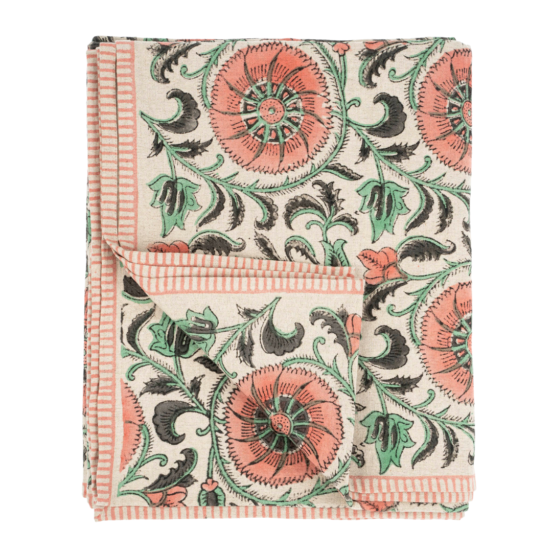 Nappe Botanique à Motifs Floraux Imprimés à la Main | Coton & Lin | Rose