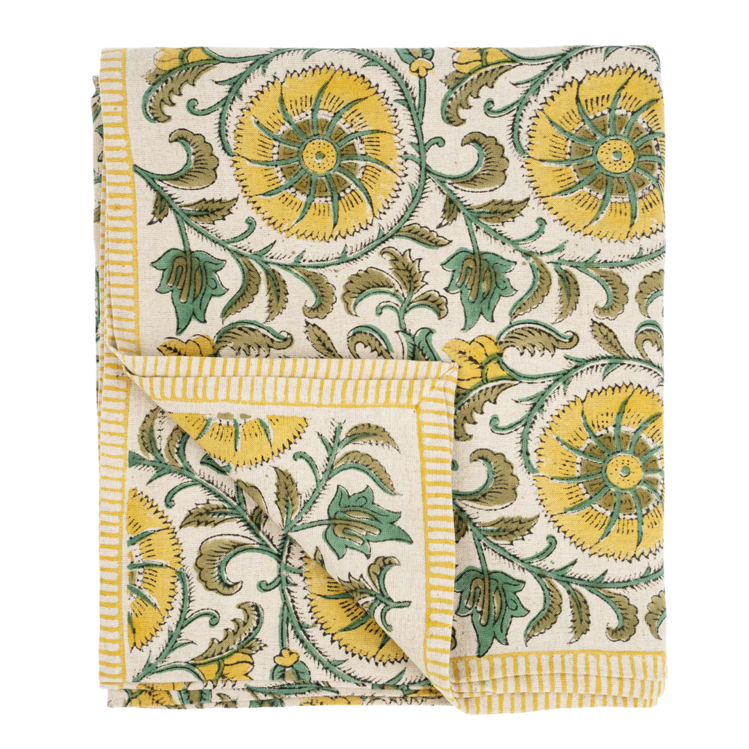 Nappe Botanique en Coton & en Lin | Vert | Impression au Bloc Fait Main