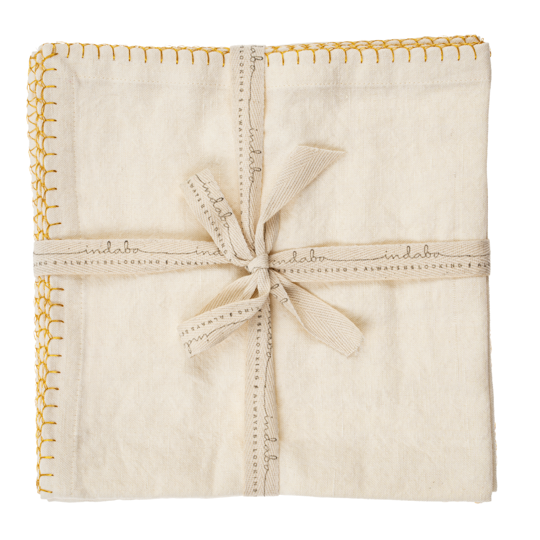 Serviettes de table à bordure dorée | Ensemble de 4 | Coton et lin naturel