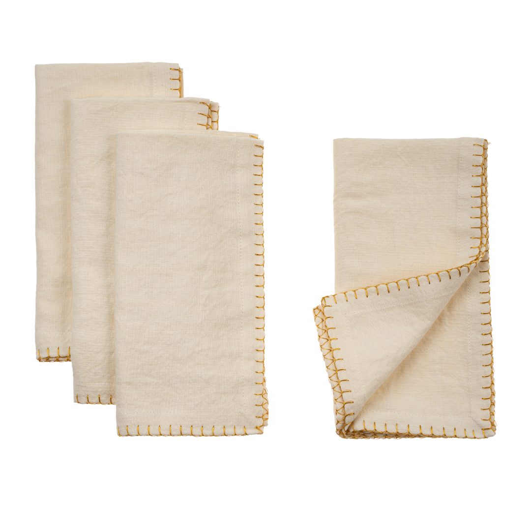 Serviettes de table à bordure dorée | Ensemble de 4 | Coton et lin naturel