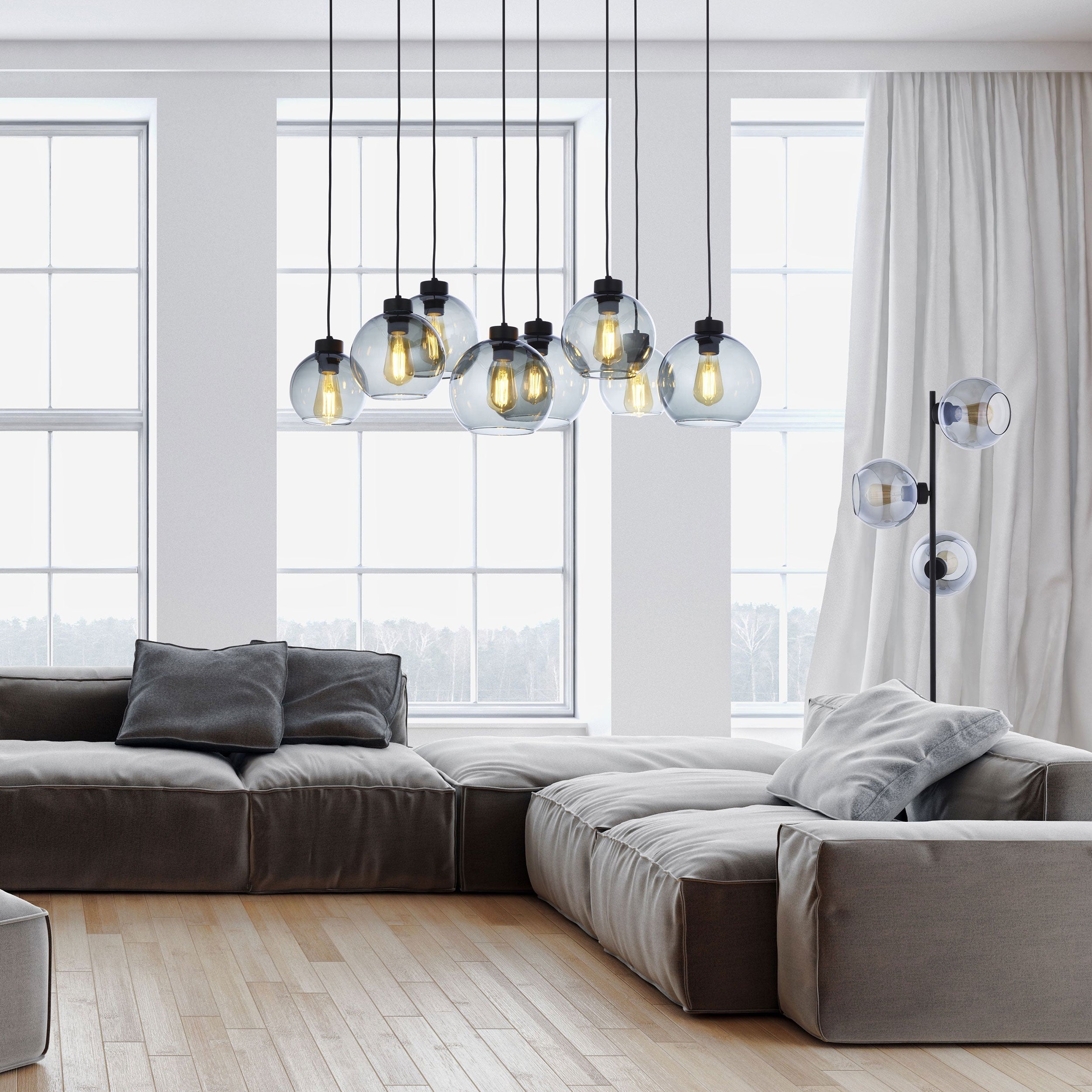 Suspension CUBUS Graphite noire en verre et métal, 8 lampes, design scandinave minimaliste