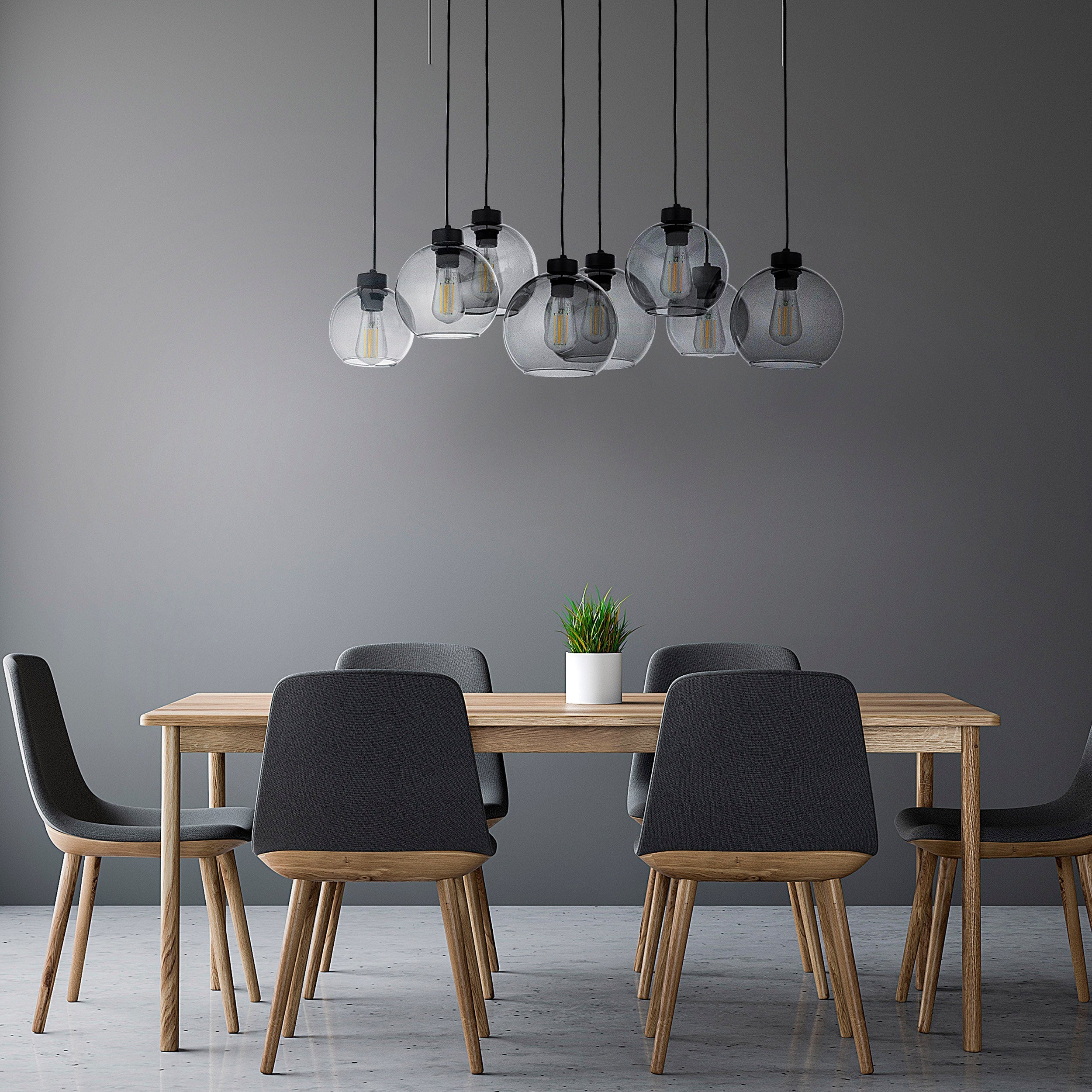 Suspension CUBUS Graphite noire en verre et métal, 8 lampes, design scandinave minimaliste