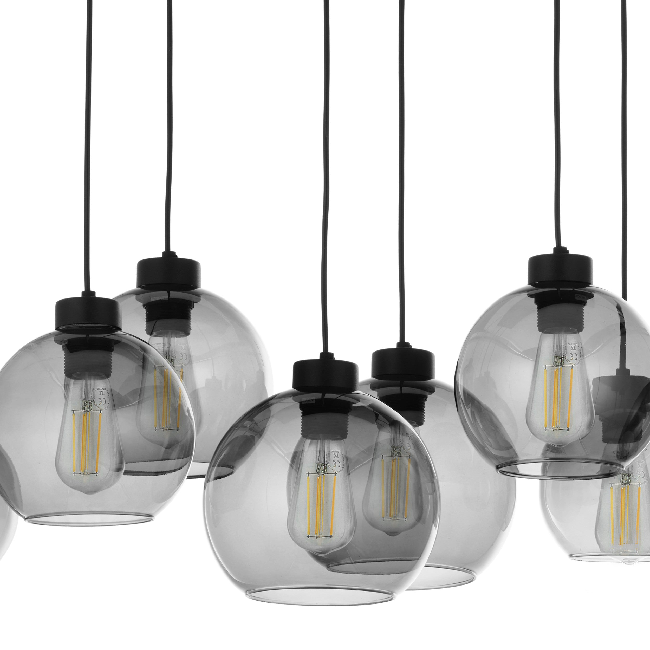Suspension CUBUS Graphite noire en verre et métal, 8 lampes, design scandinave minimaliste fond blanc
