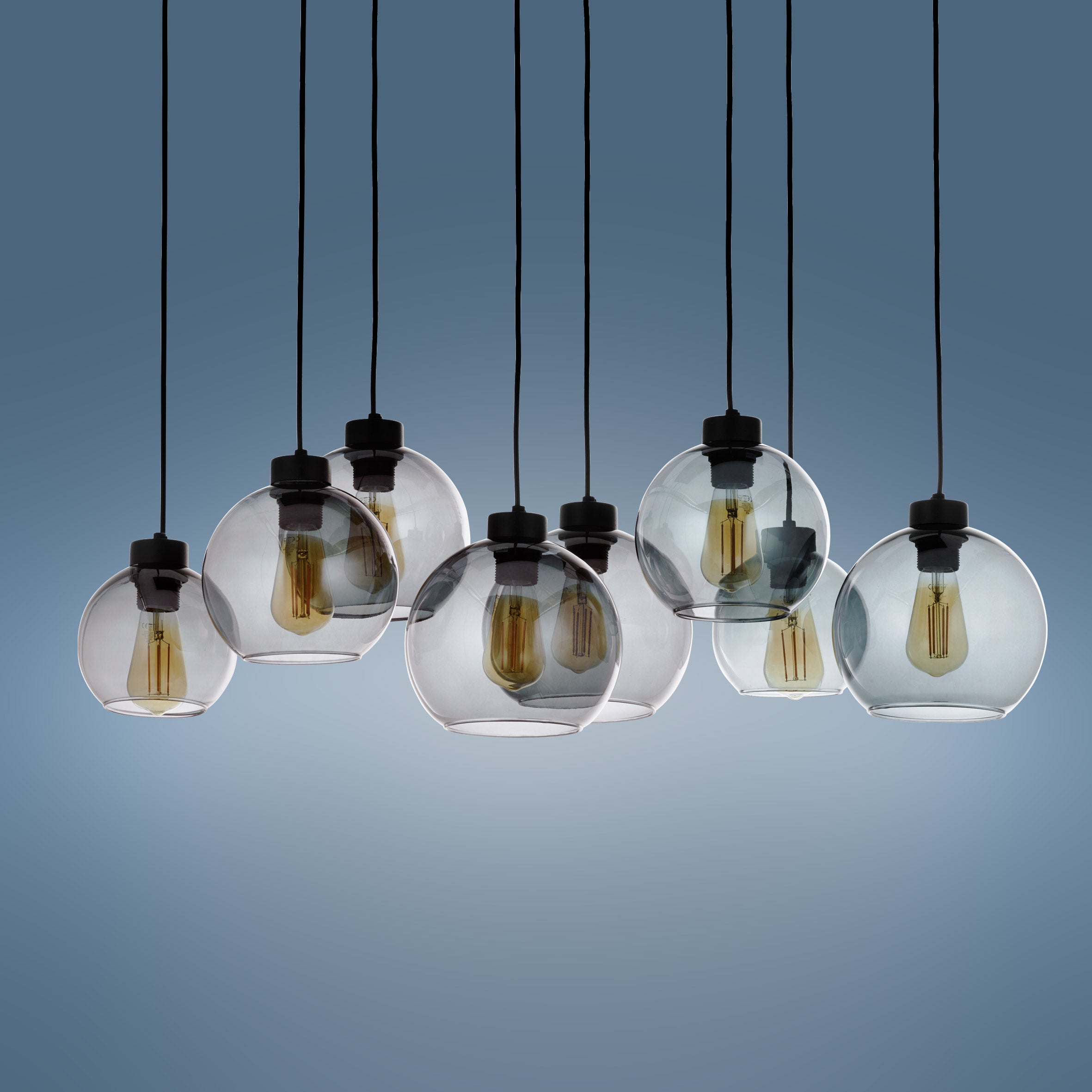 Suspension CUBUS Graphite noire en verre et métal, 8 lampes, design scandinave minimaliste