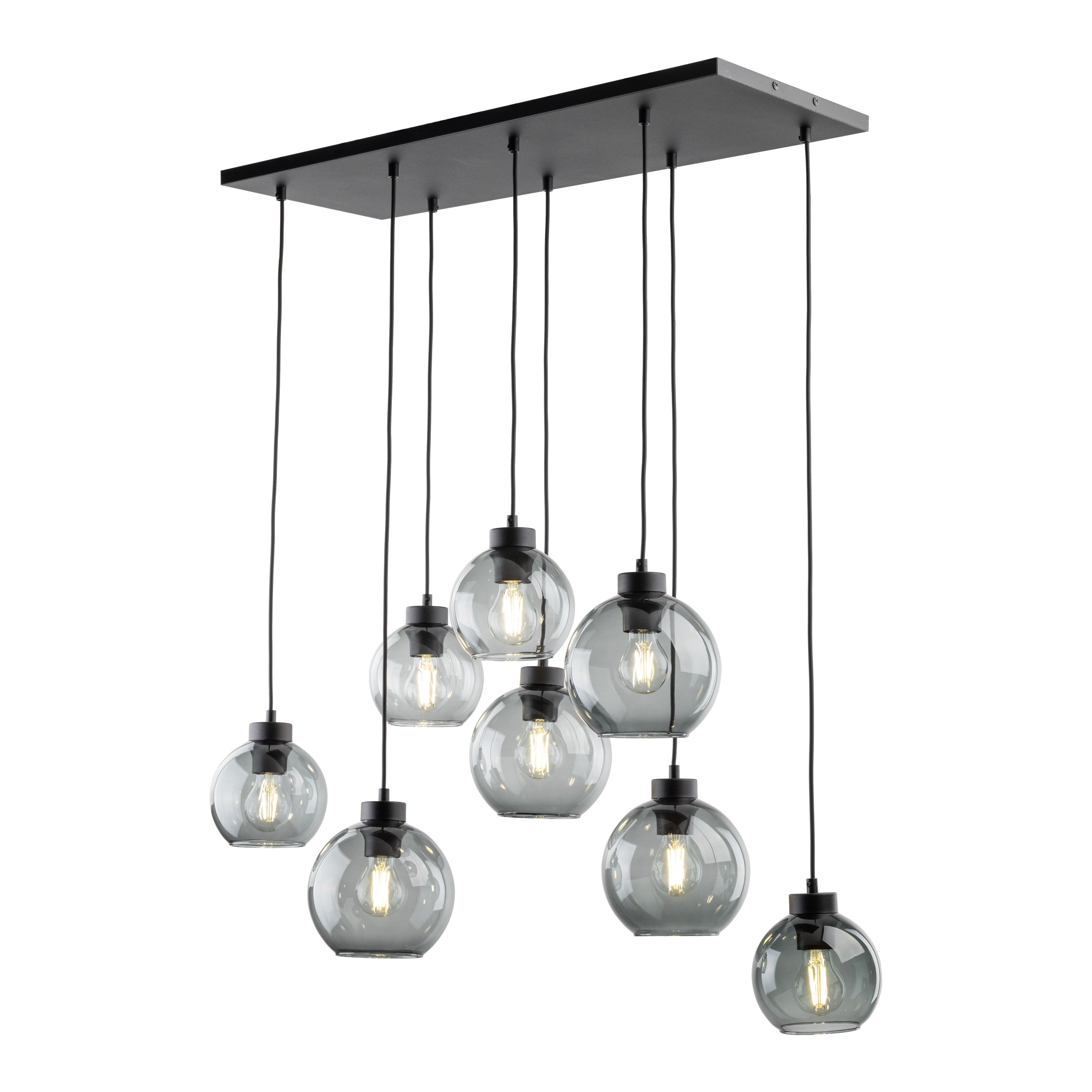Suspension CUBUS Graphite noire en verre et métal, 8 lampes, design scandinave minimaliste fond blanc