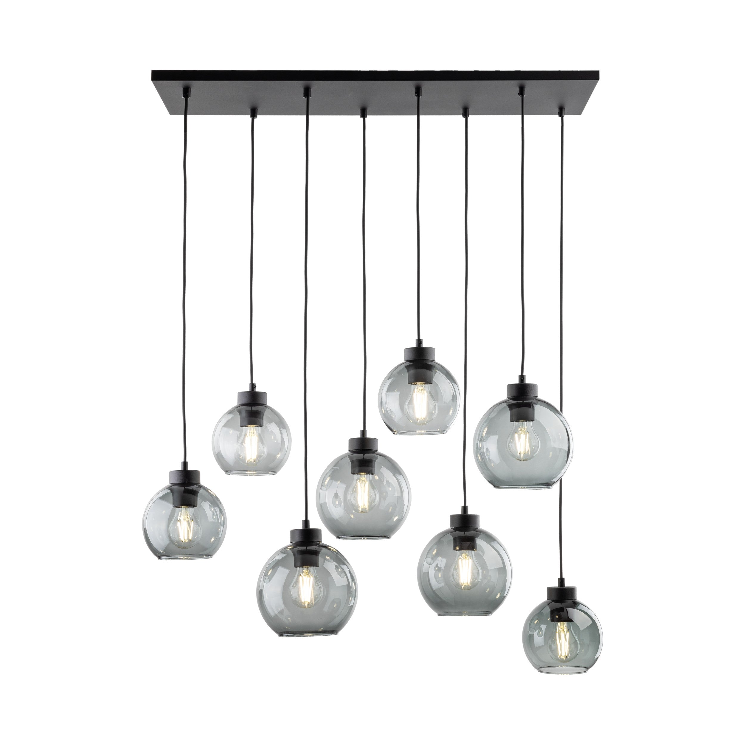 Suspension CUBUS Graphite noire en verre et métal, 8 lampes, design scandinave minimaliste fond blanc