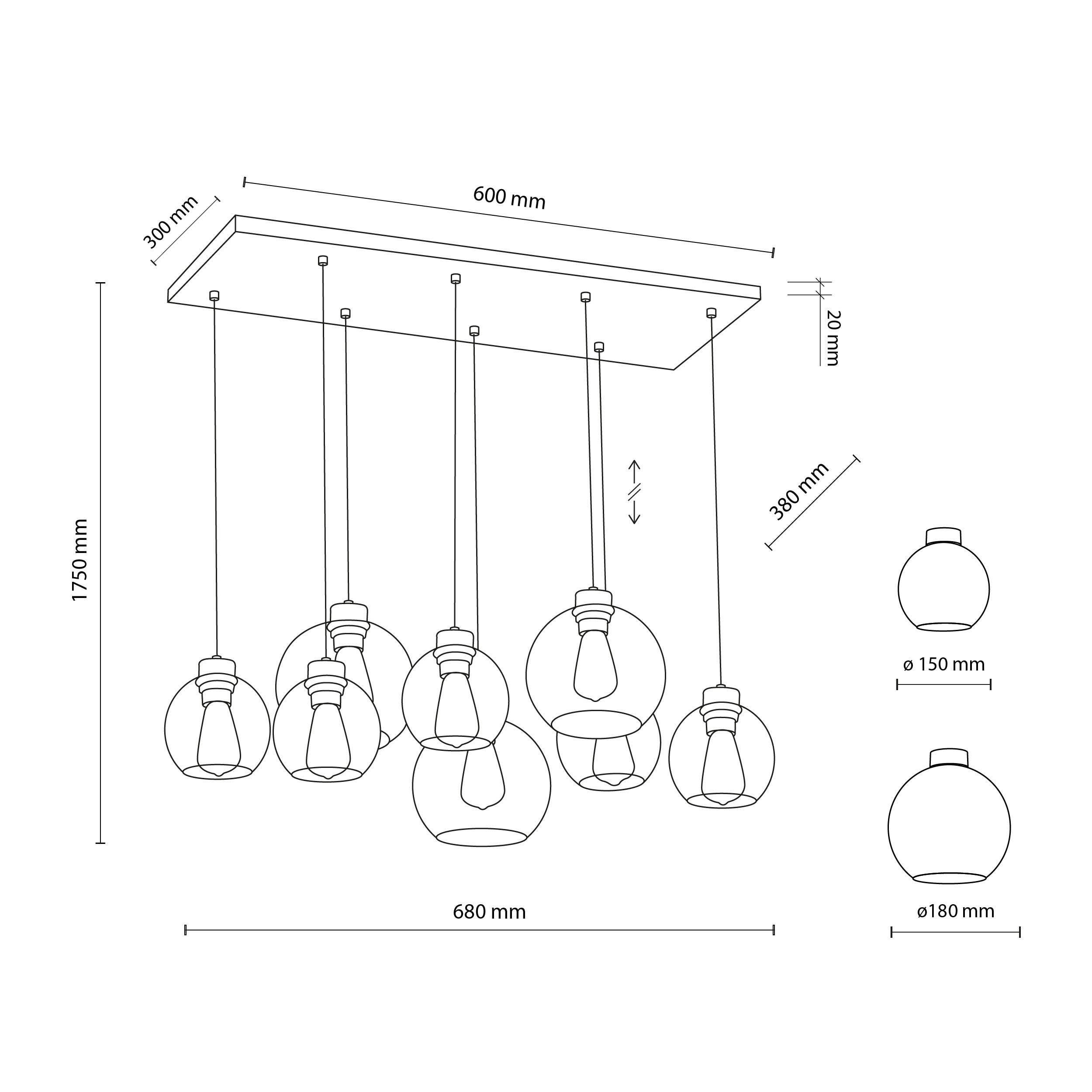 Suspension CUBUS Graphite noire en verre et métal, 8 lampes, design scandinave minimaliste mesure