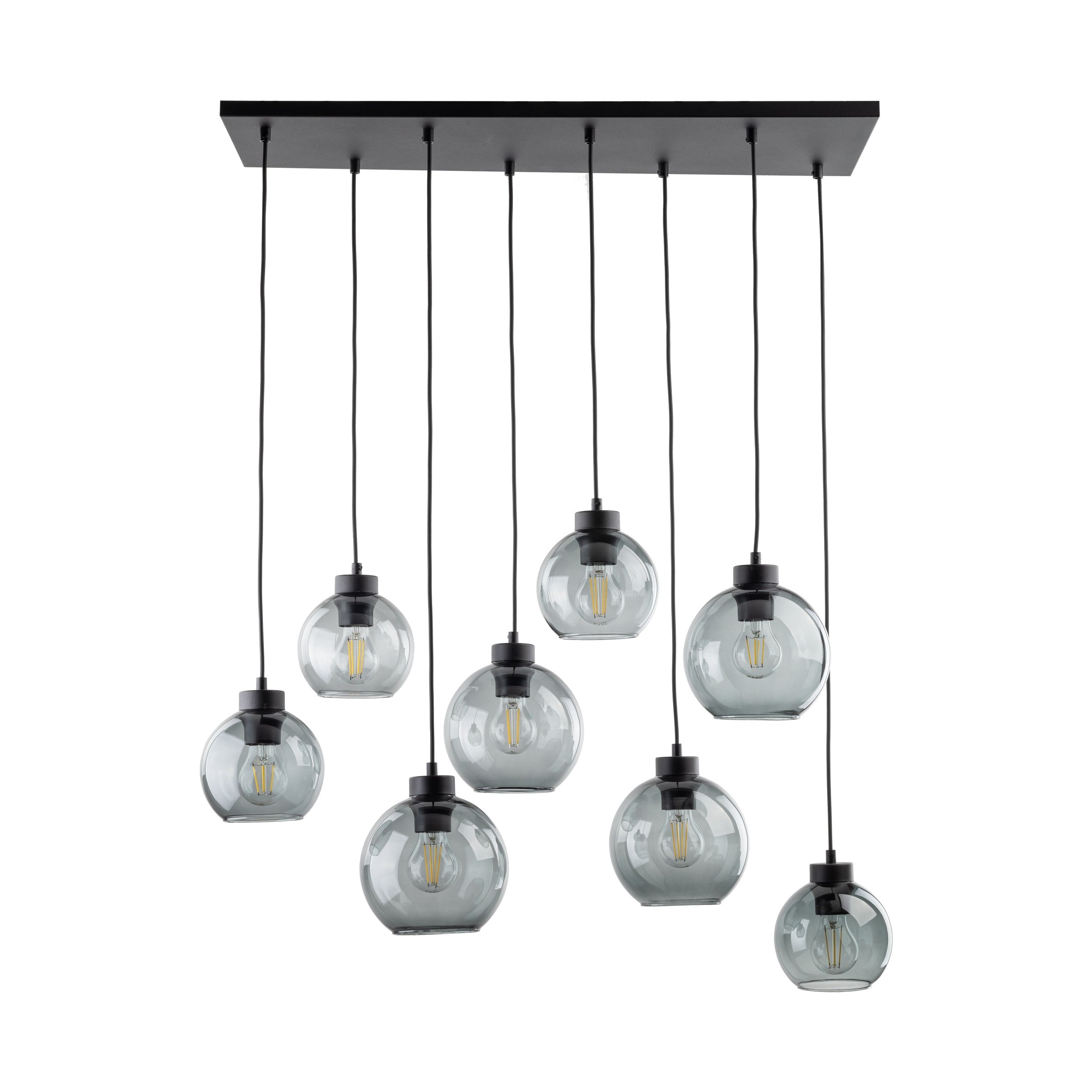 Suspension CUBUS Graphite noire en verre et métal, 8 lampes, design scandinave minimaliste face fond blanc