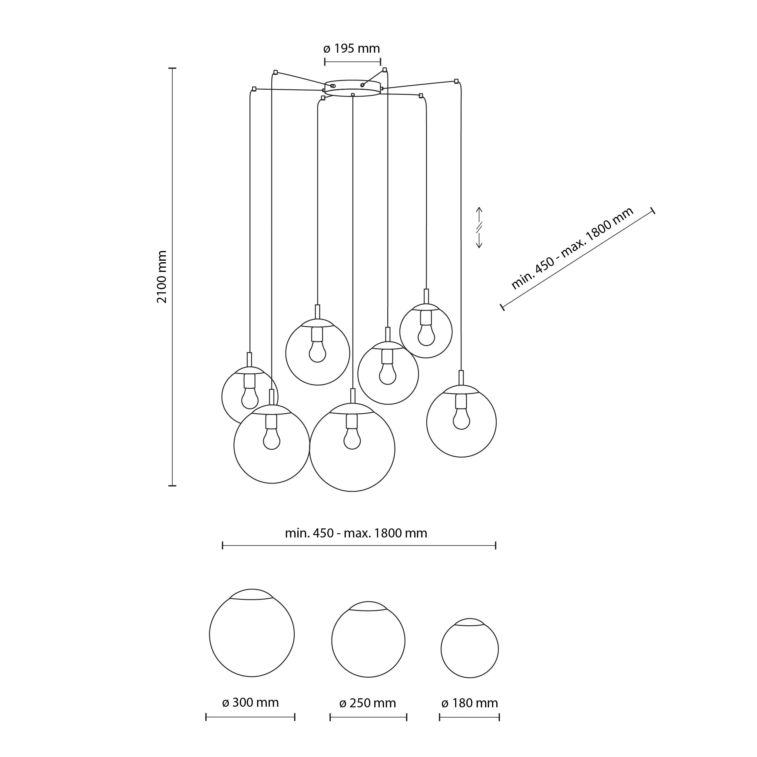 Lustre suspendu ESME 7 globes en verre design scandinave fond blanc dimensions