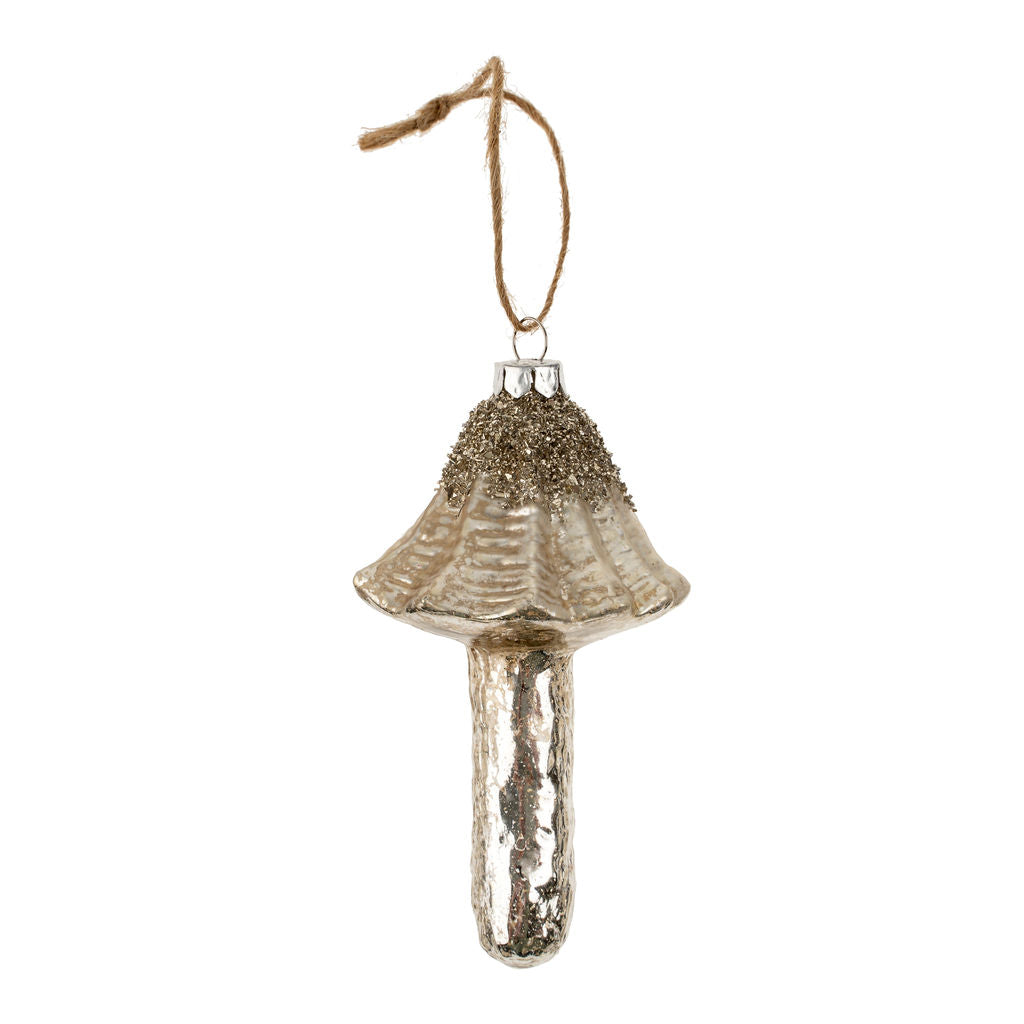 Ornement champignon en verre, fini argent antique scintillant, pour décoration de Noël.