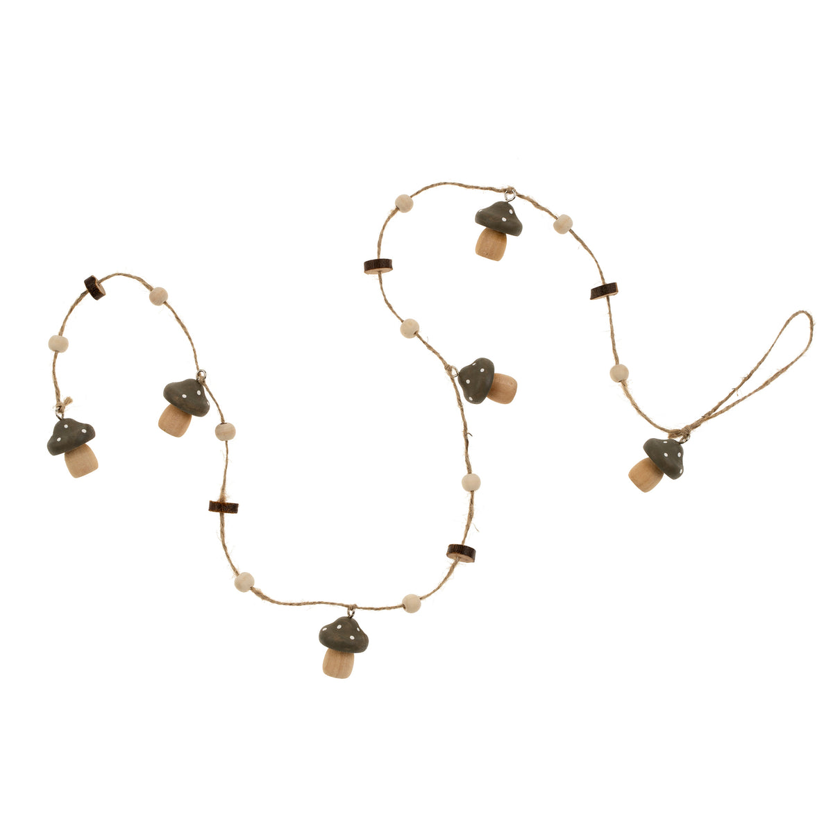 Guirlande de champignons en bois vert et perles sur corde de jute