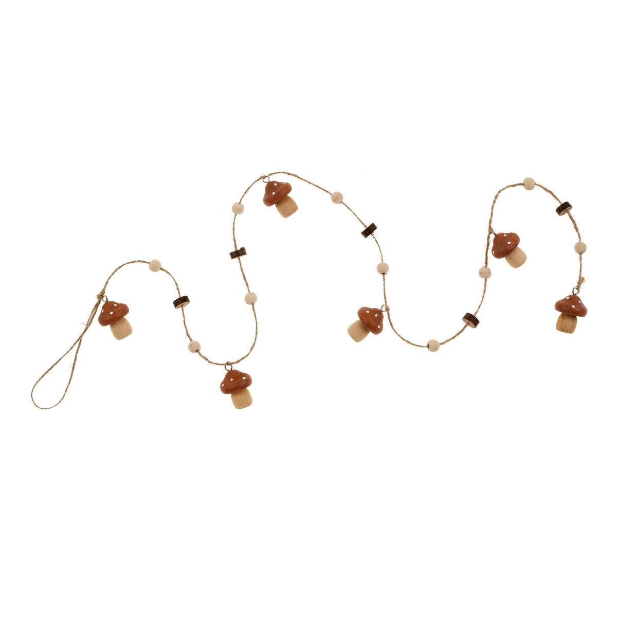 Guirlande décorative de champignons en bois brun et perles sur corde de jute