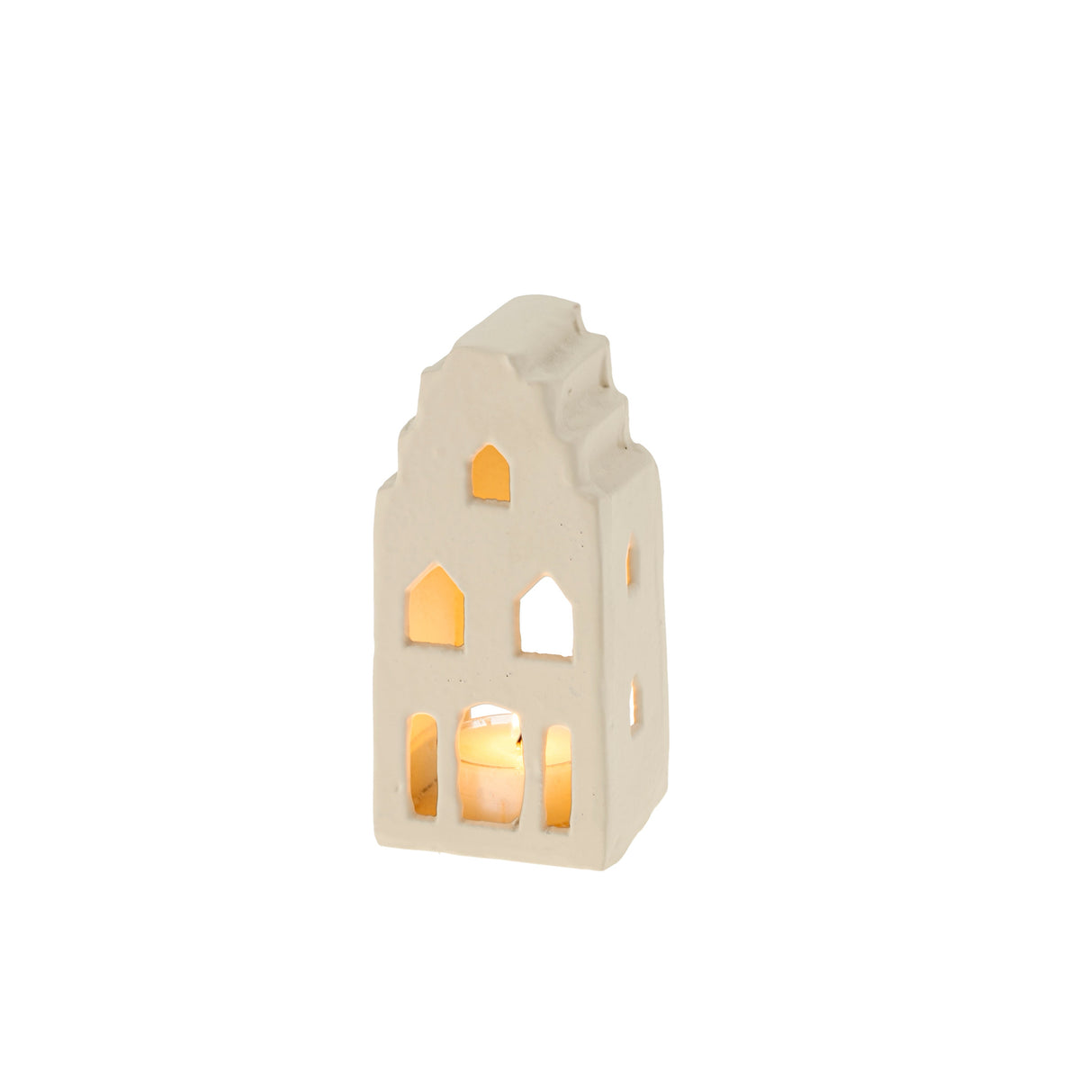 Lampe de table en forme de maison, façade crème et fenêtres orange allumées