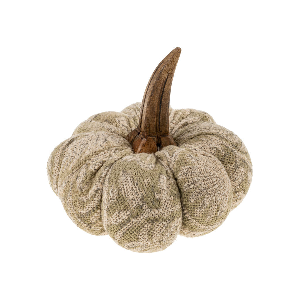 Petite citrouille décorative verte faite à la main avec motif botanique et tige en bois de manguier.