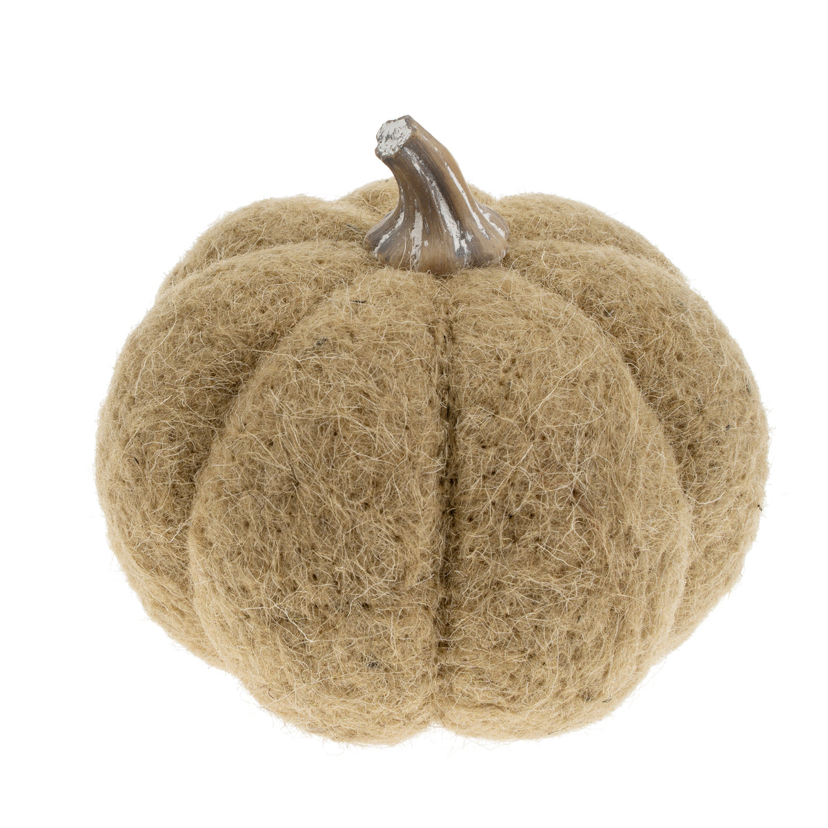 Citrouille décorative en feutre, aux teintes naturelles, avec une tige en résine.
