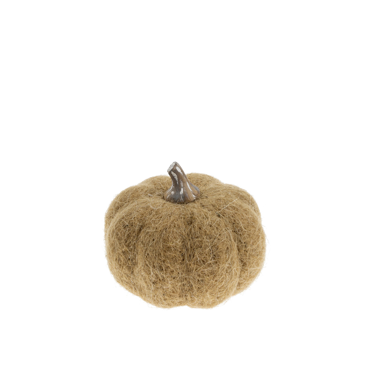 Petite citrouille décorative en feutre, aux teintes naturelles, avec une tige en résine.