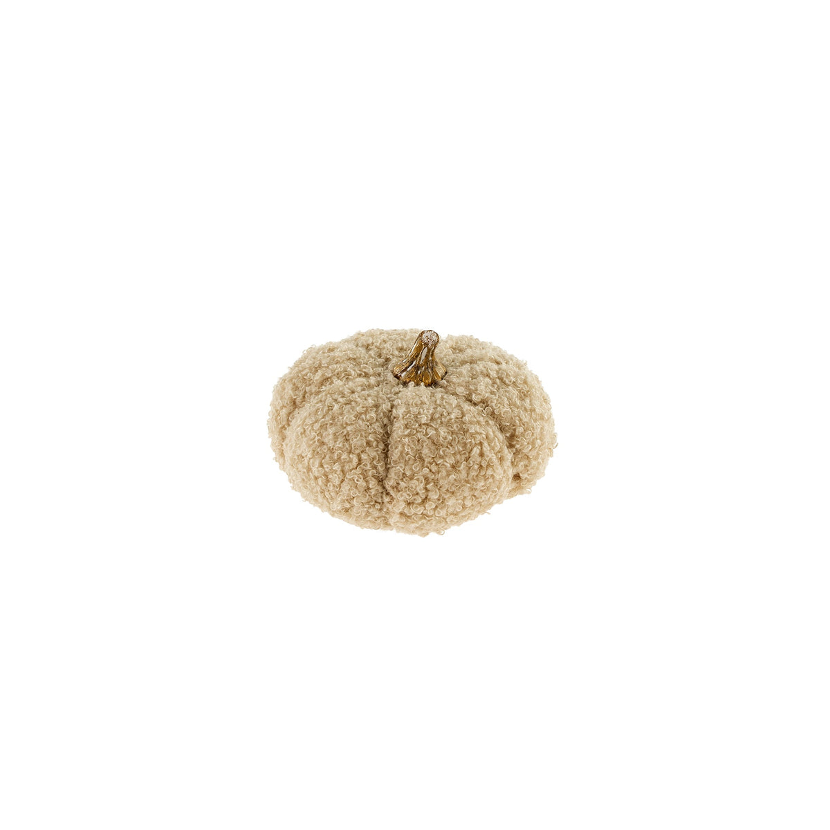 Petite citrouille décorative en tissu bouclé aux teintes neutres, avec tige en résine.