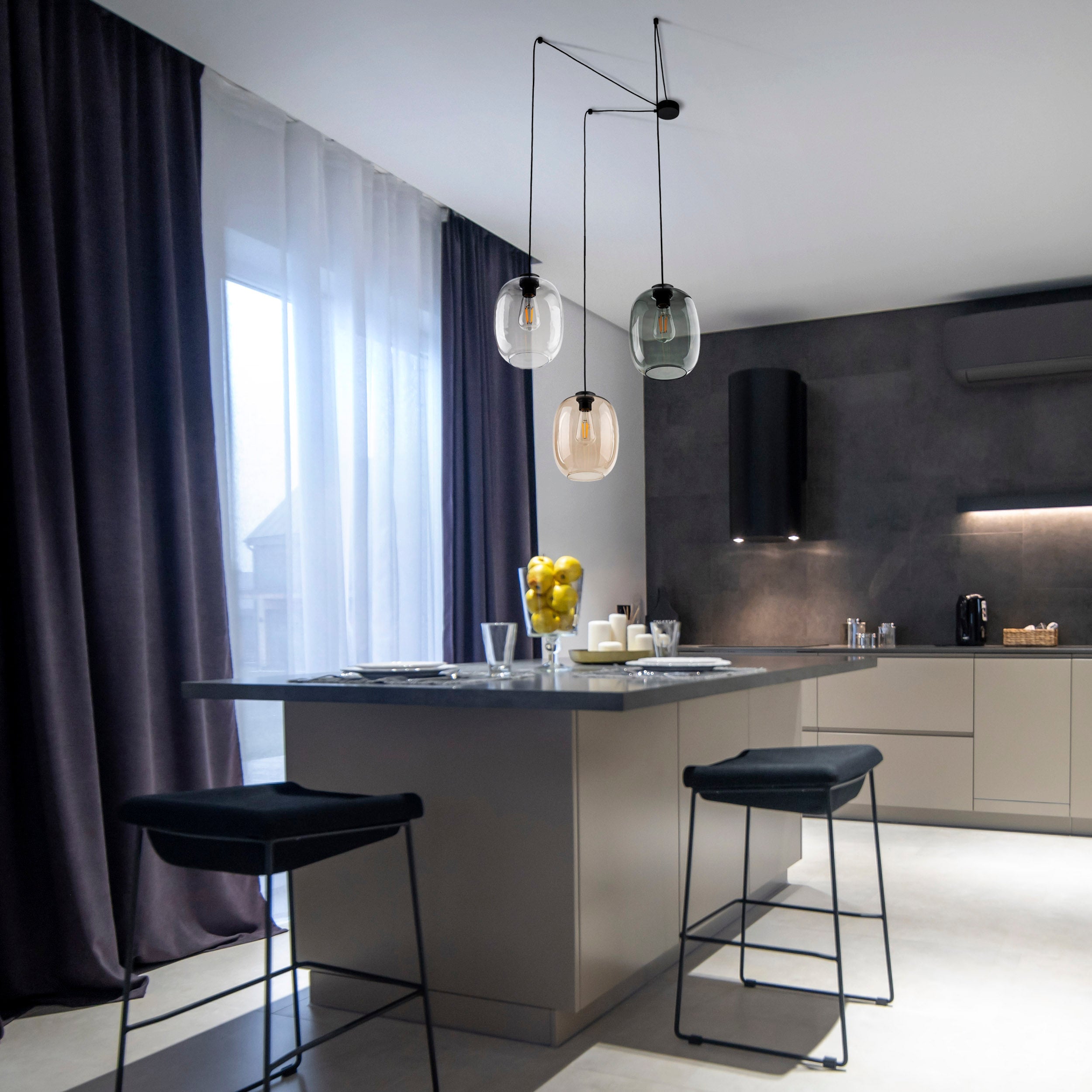 Lampe à Suspension Moderne du Milieu du Siècle ELIO 3 | Verre Transparent, Topaze ou Graphite