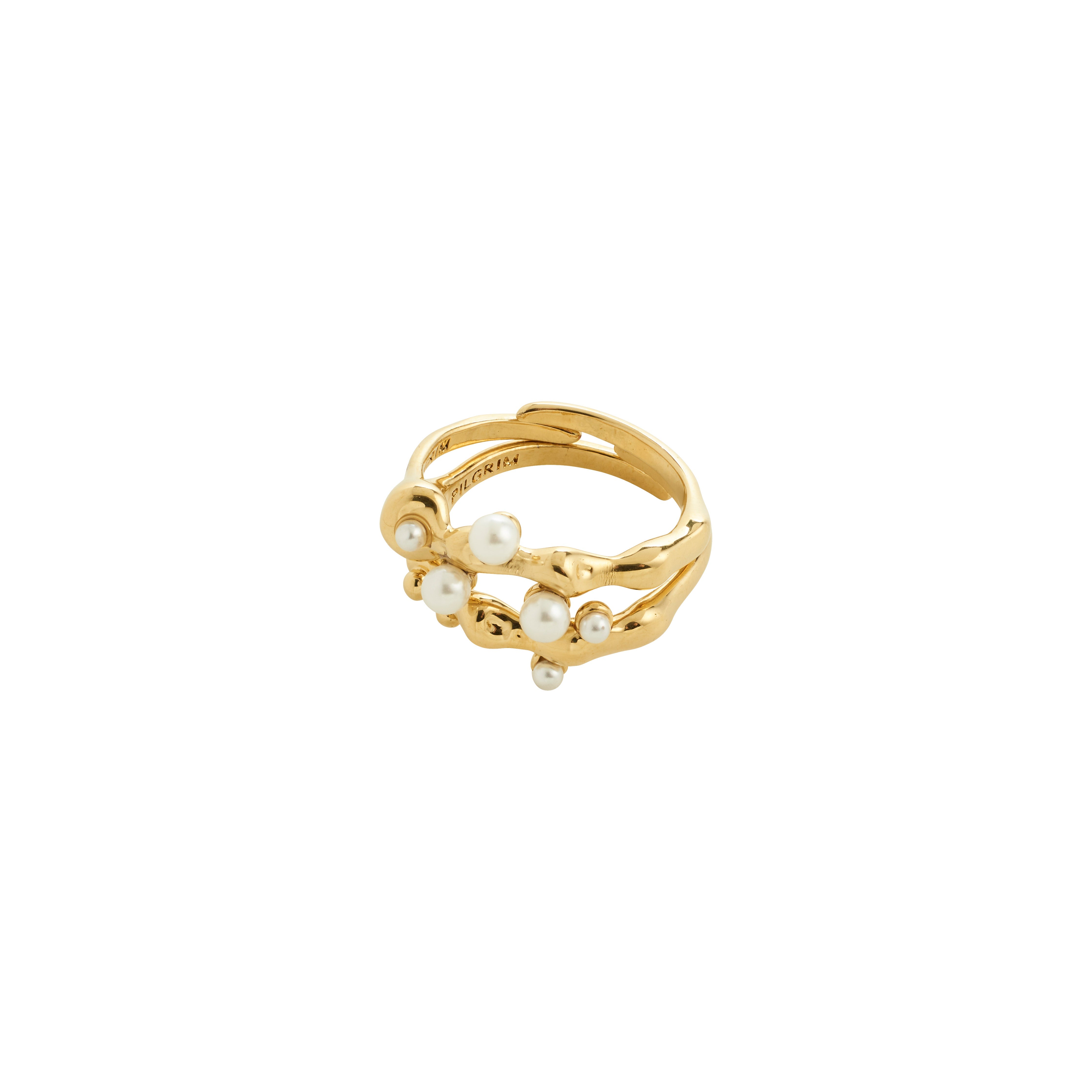 Ensemble de deux bagues ajustables CHADLEY de Pilgrim avec perles de verre nacrées, disponibles en plaqué or 14 K ou plaqué argent, fabriquées avec 80 % de matériaux recyclés.