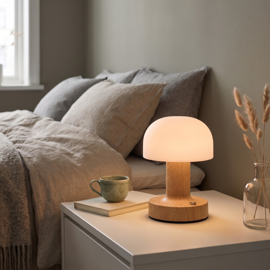 Lampe champignon LED tactile avec base en bois naturel dans une chambre