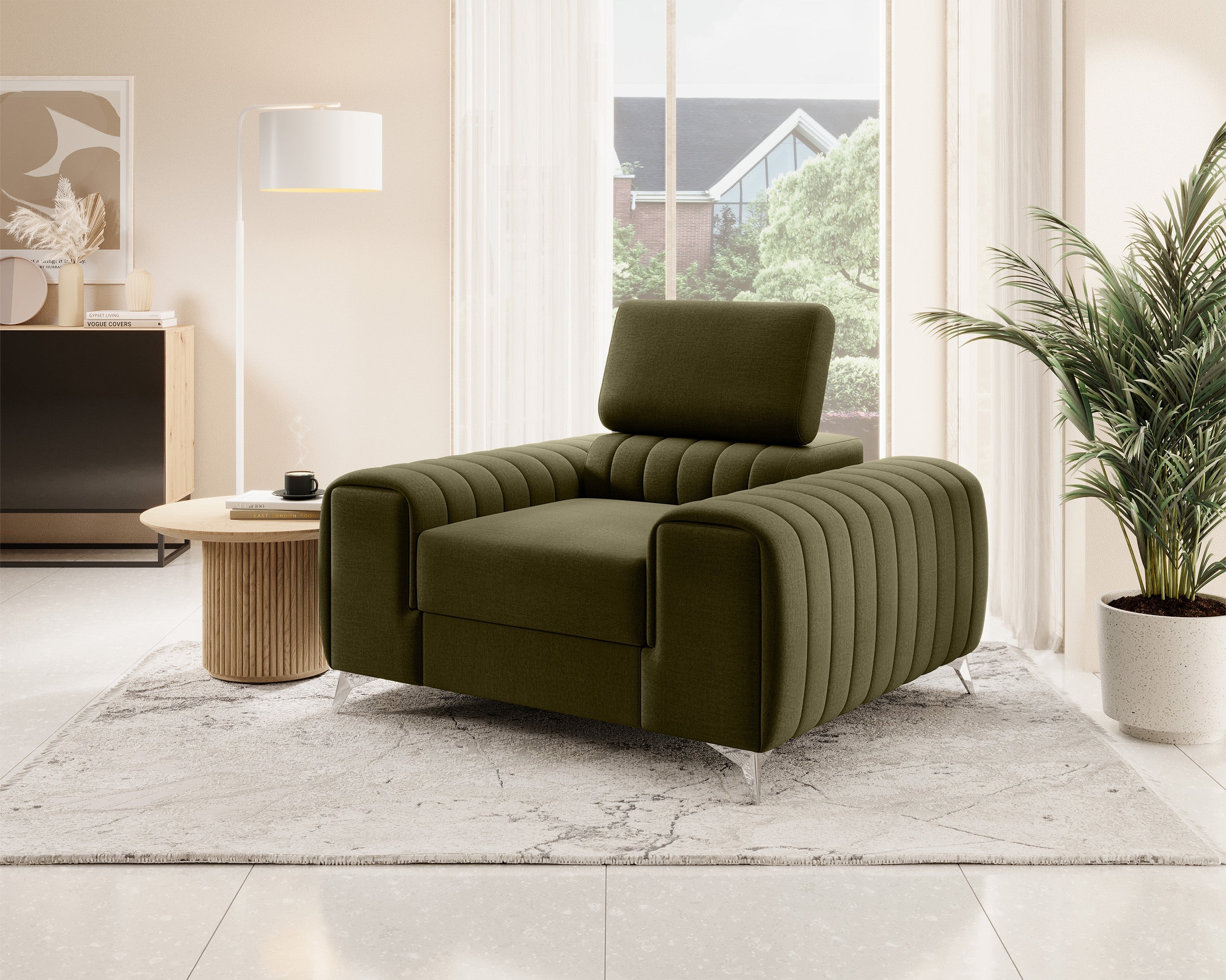 Fauteuil moderne Laurence | 125 × 105 × 97 cm | Vert olive
