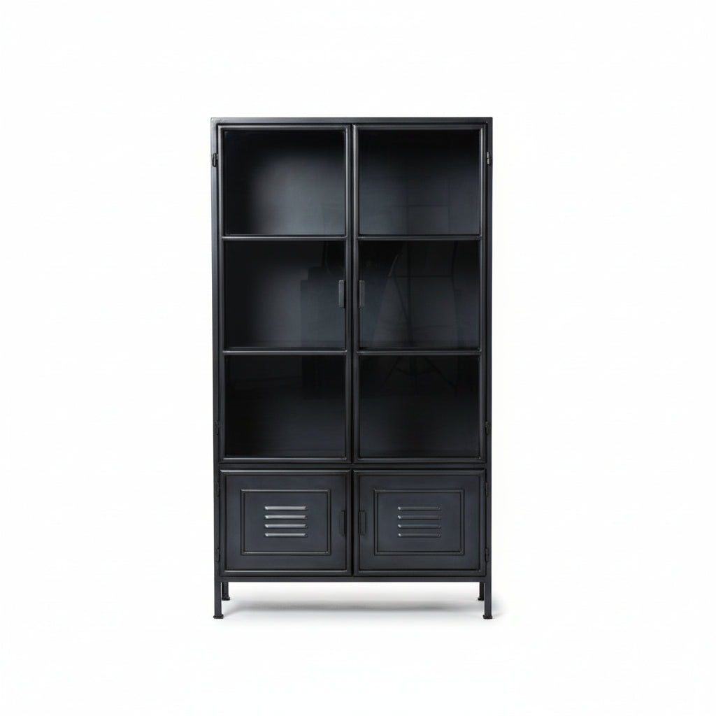 Armoire vintage en acier noir | Portes vitrées & portes style casier