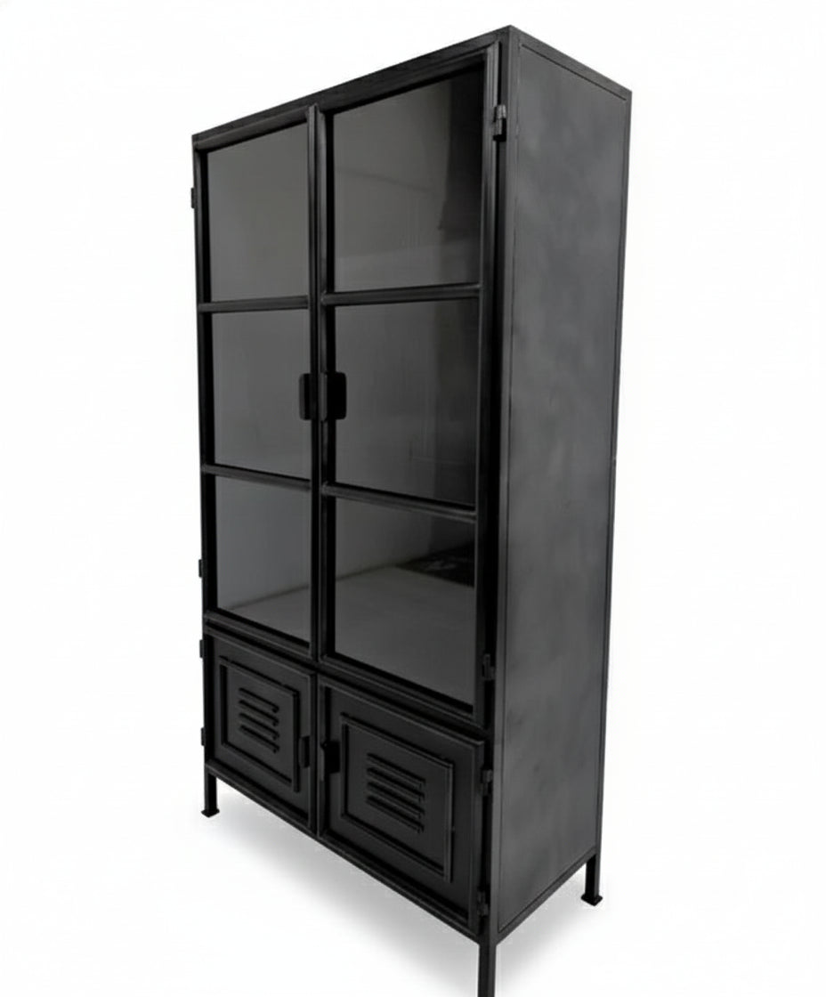 Armoire vintage en acier noir | Portes vitrées & portes style casier