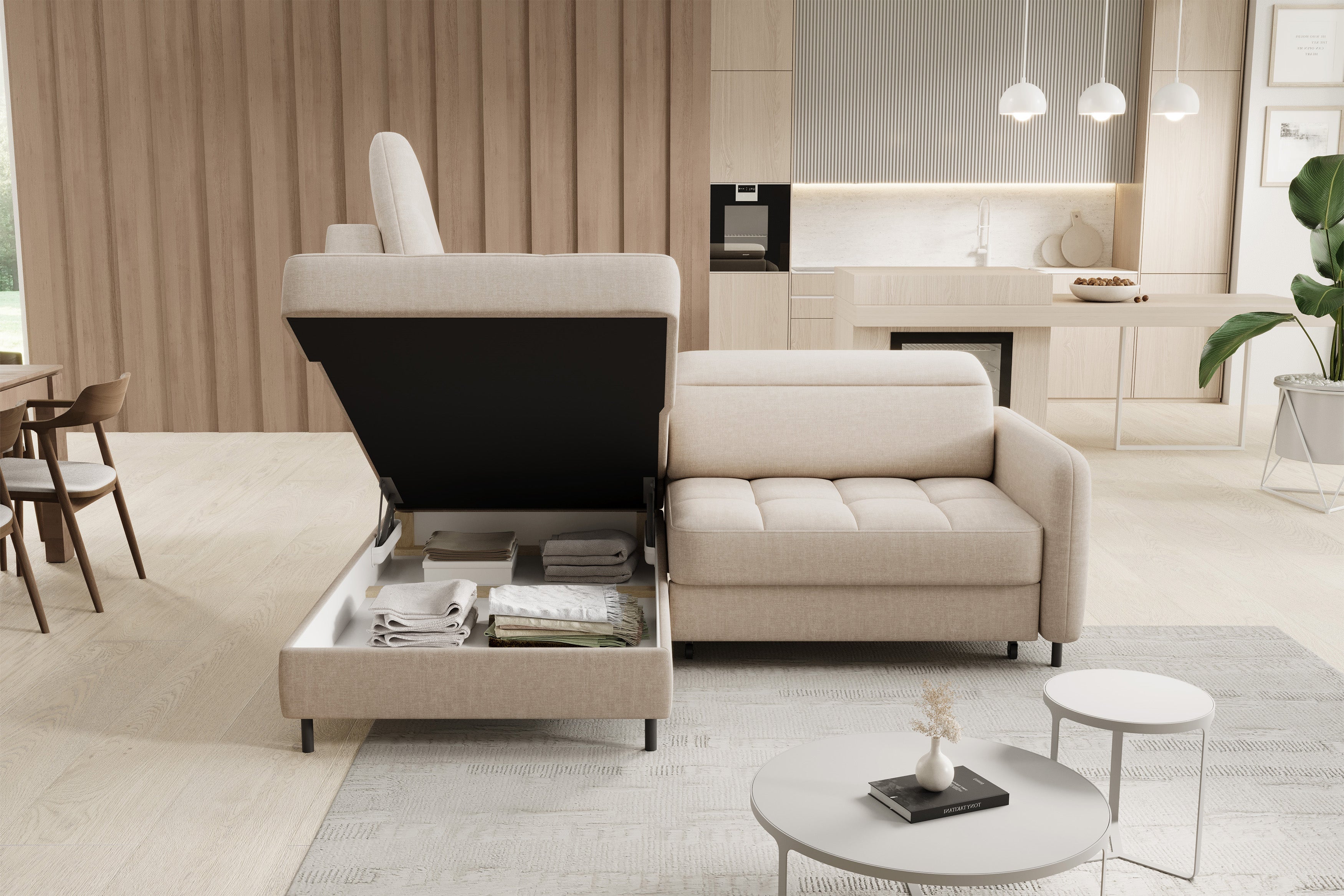 Sectionnel Barea 3 places avec rangement et lit escamotable | Beige