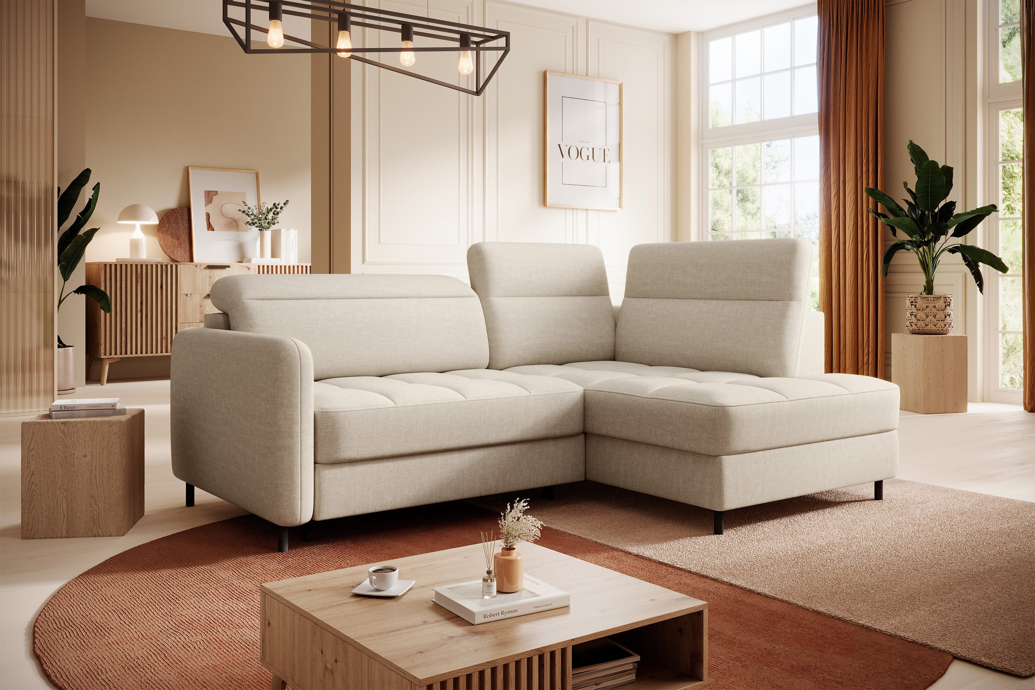 Sectionnel Barea 3 places avec rangement et lit escamotable | 208 × 100 × 160 cm | Beige