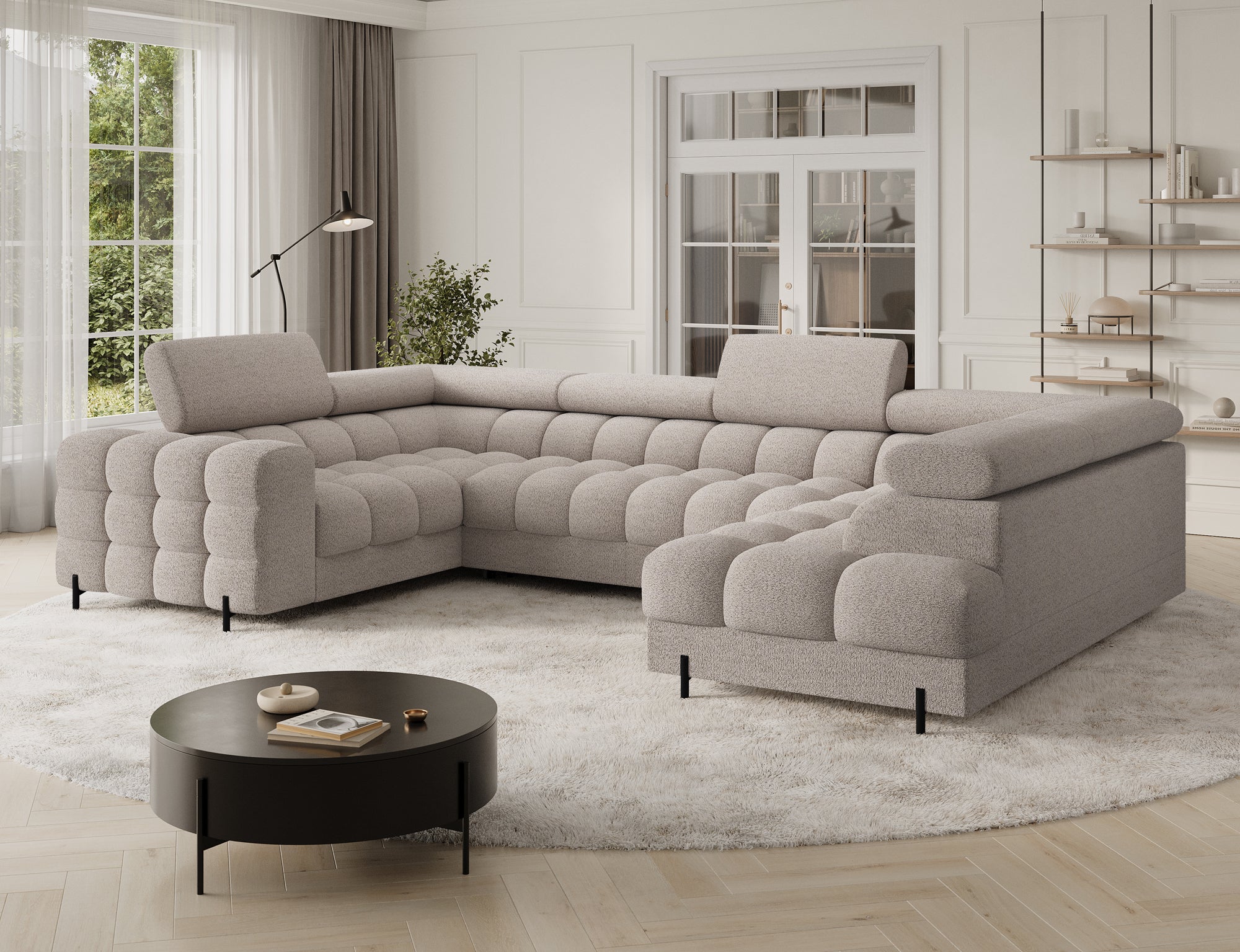 Sectionnel Fectory avec rangement et lit escamotable | 346 × 93 × 205 cm | Beige