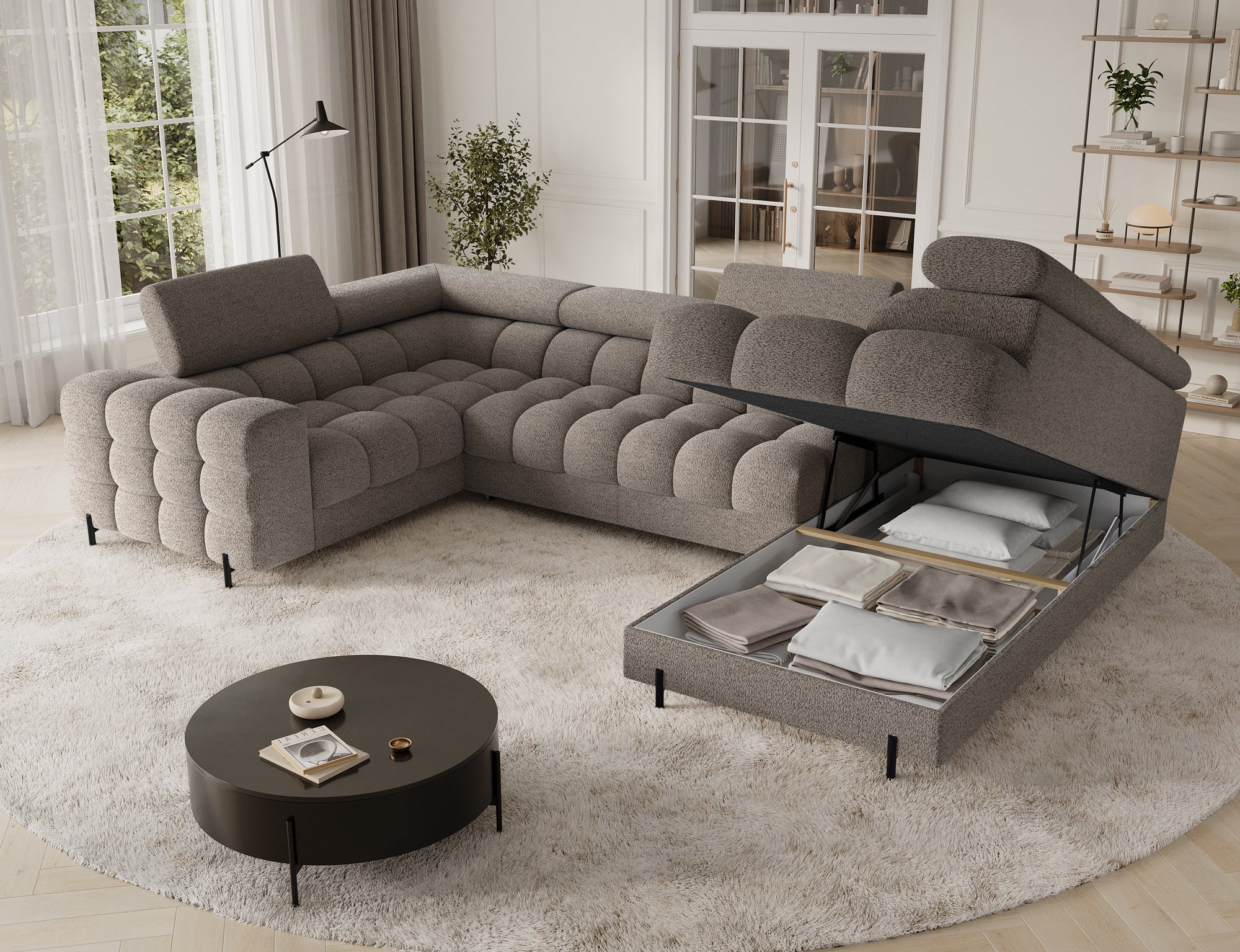 Sectionnel Fectory avec rangement et lit escamotable | Taupe