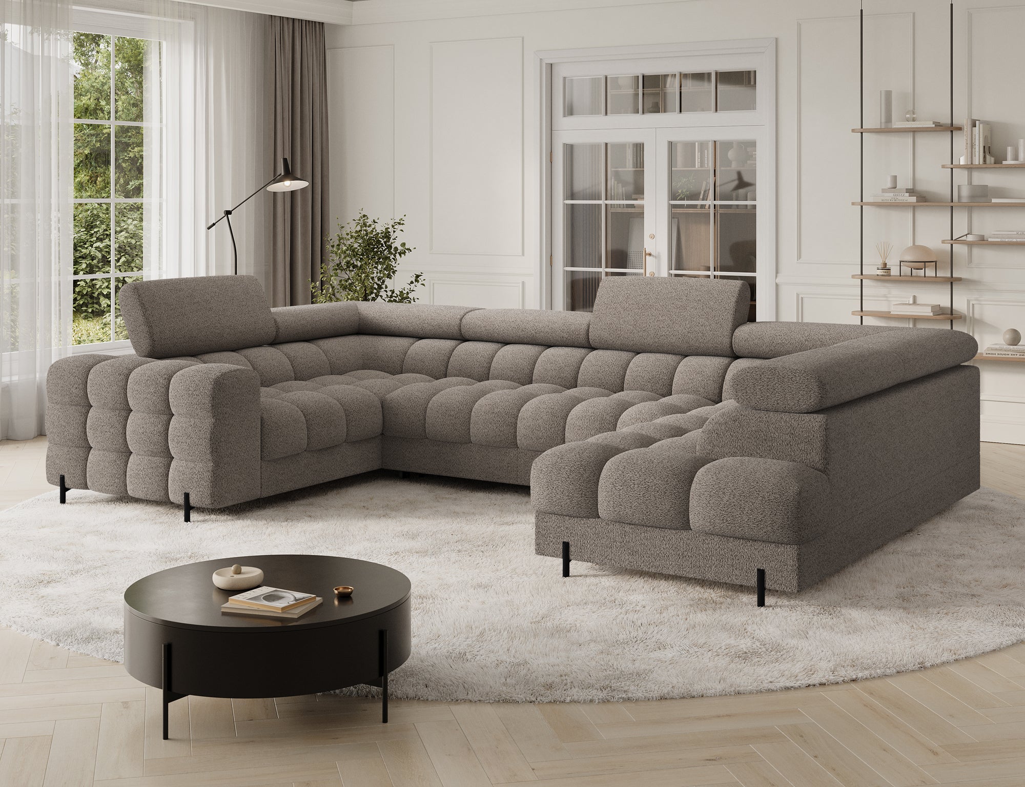 Sectionnel Fectory avec rangement et lit escamotable | 346 × 93 × 205 cm | Taupe