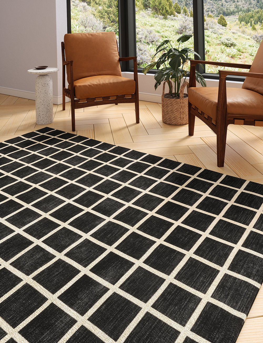 Tapis Caper Noir & Naturel à Carreaux | Design Moderne