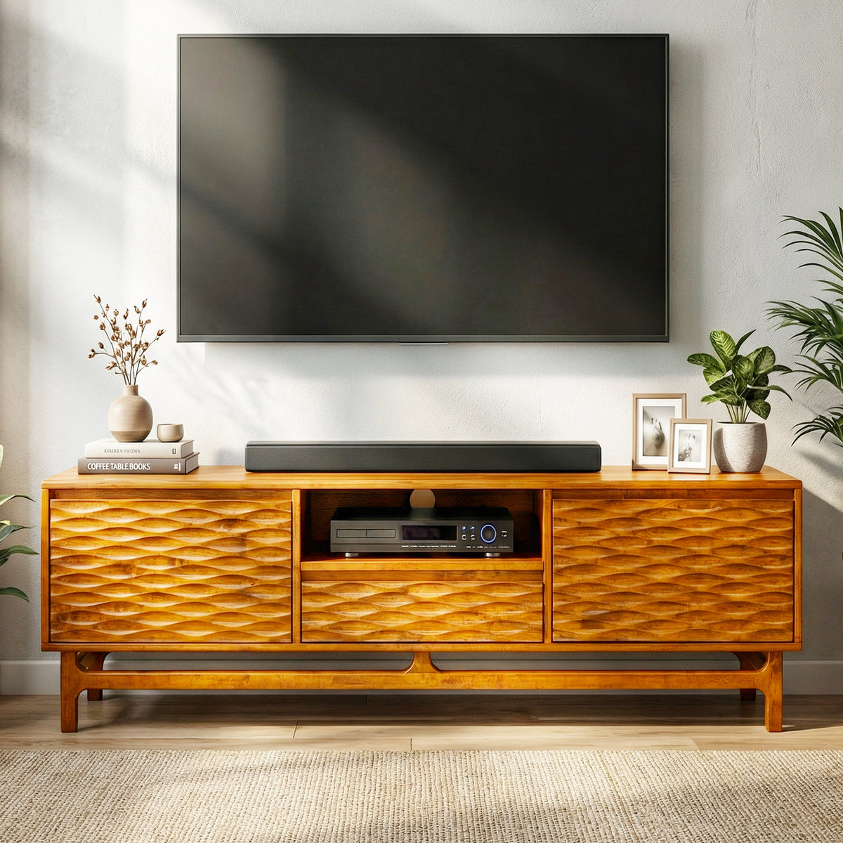 Meuble TV en bois clair avec portes à motif ondulé et compartiment central pour appareils