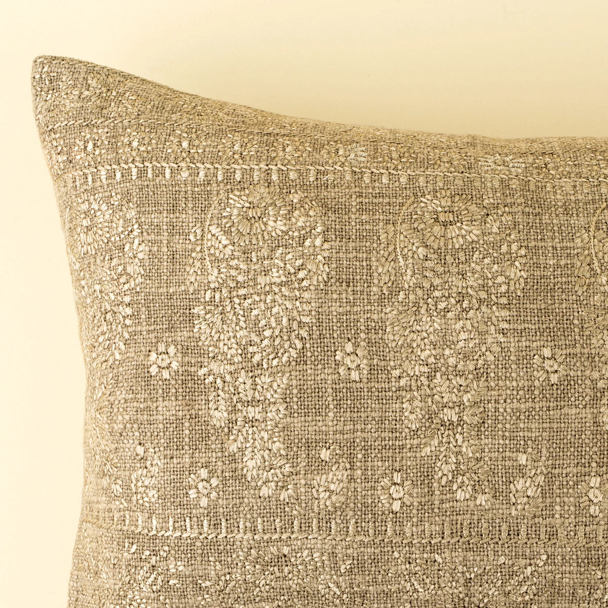 Nisha Embroidered Cushion | Textured Cotton | Sage | 16 × 24 in