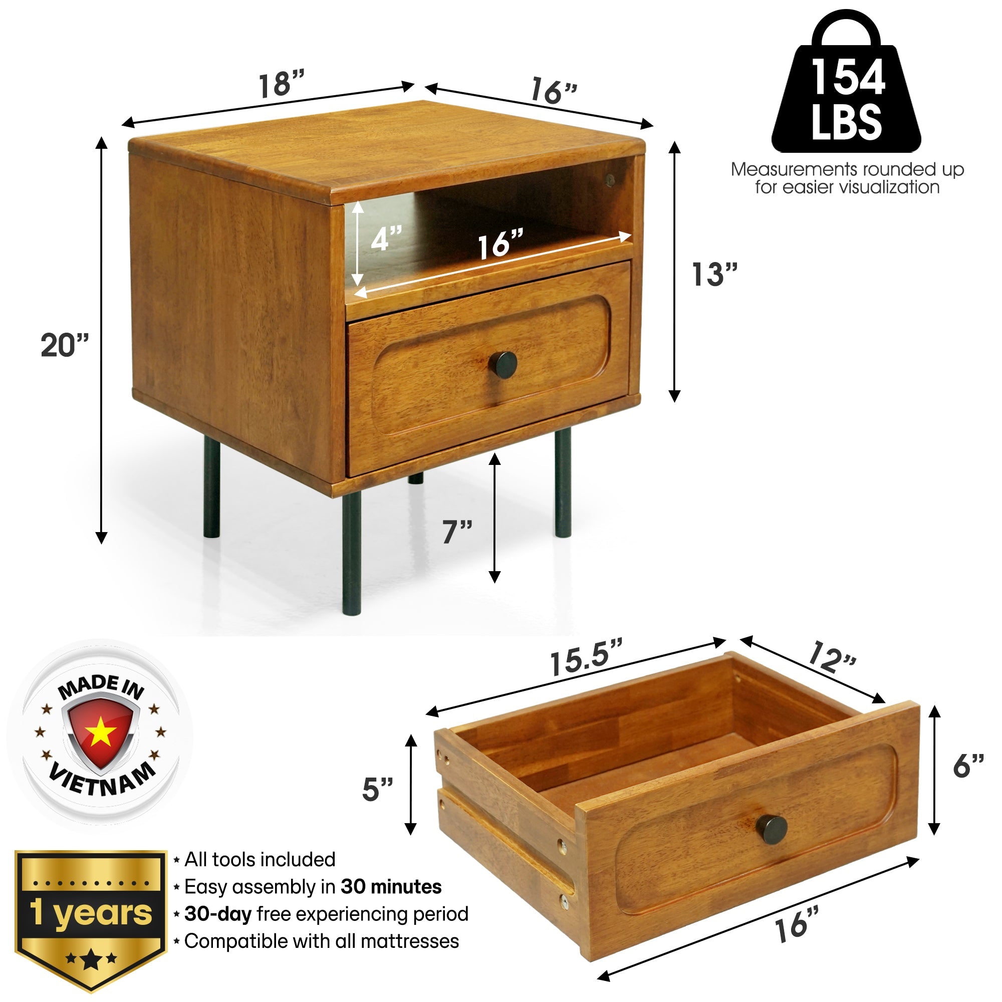 Table de chevet Savana en bois massif | 1 tiroir | Style mid-century moderne
